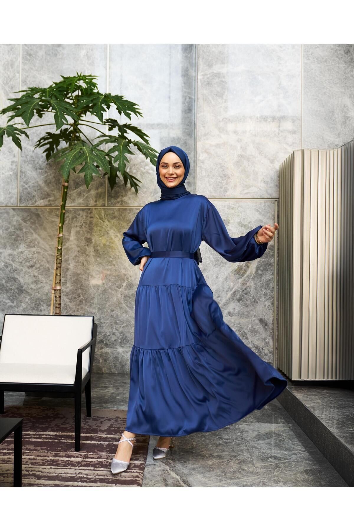 Satin Evening Dress - Navy - Azeem