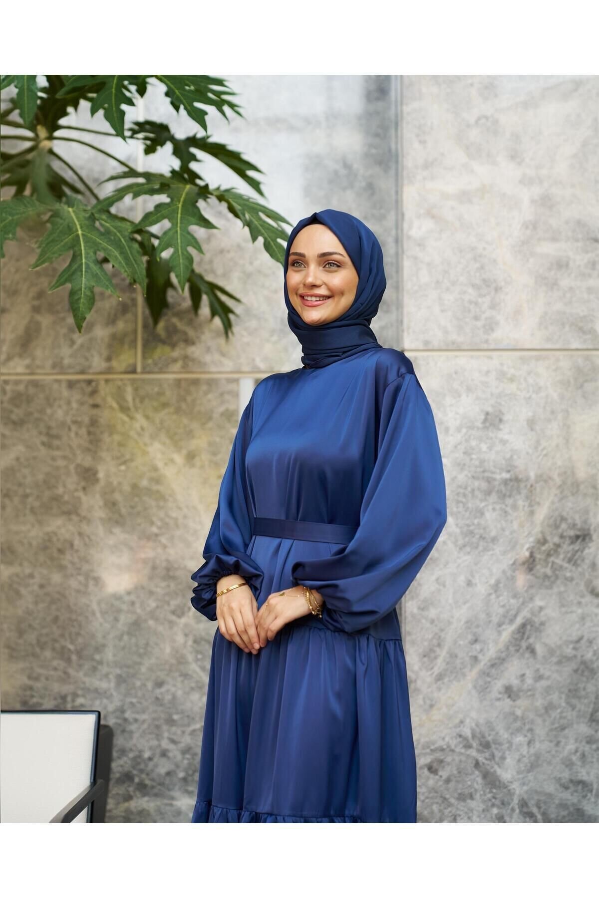 Satin Evening Dress - Navy - Azeem
