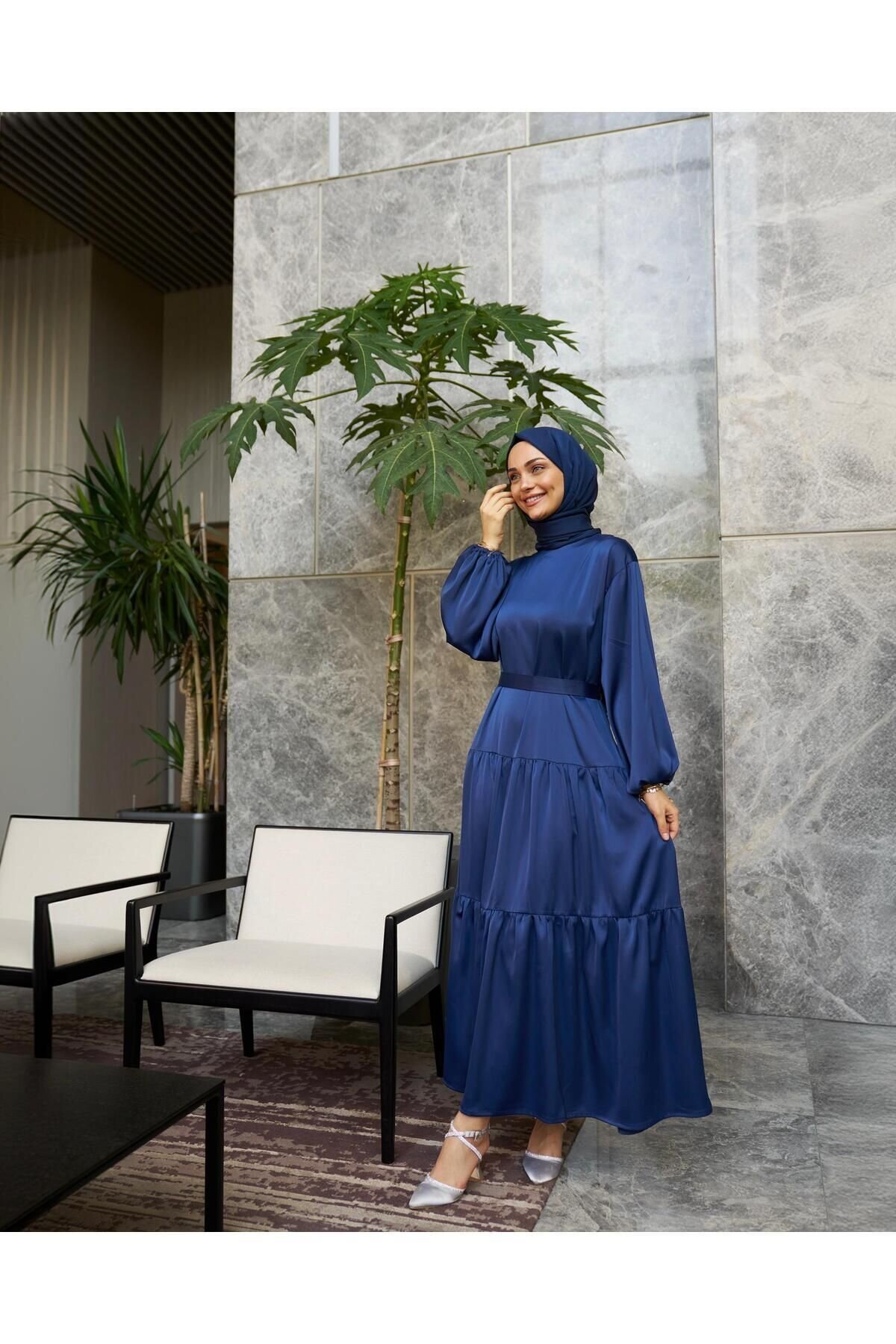 Satin Evening Dress - Navy - Azeem