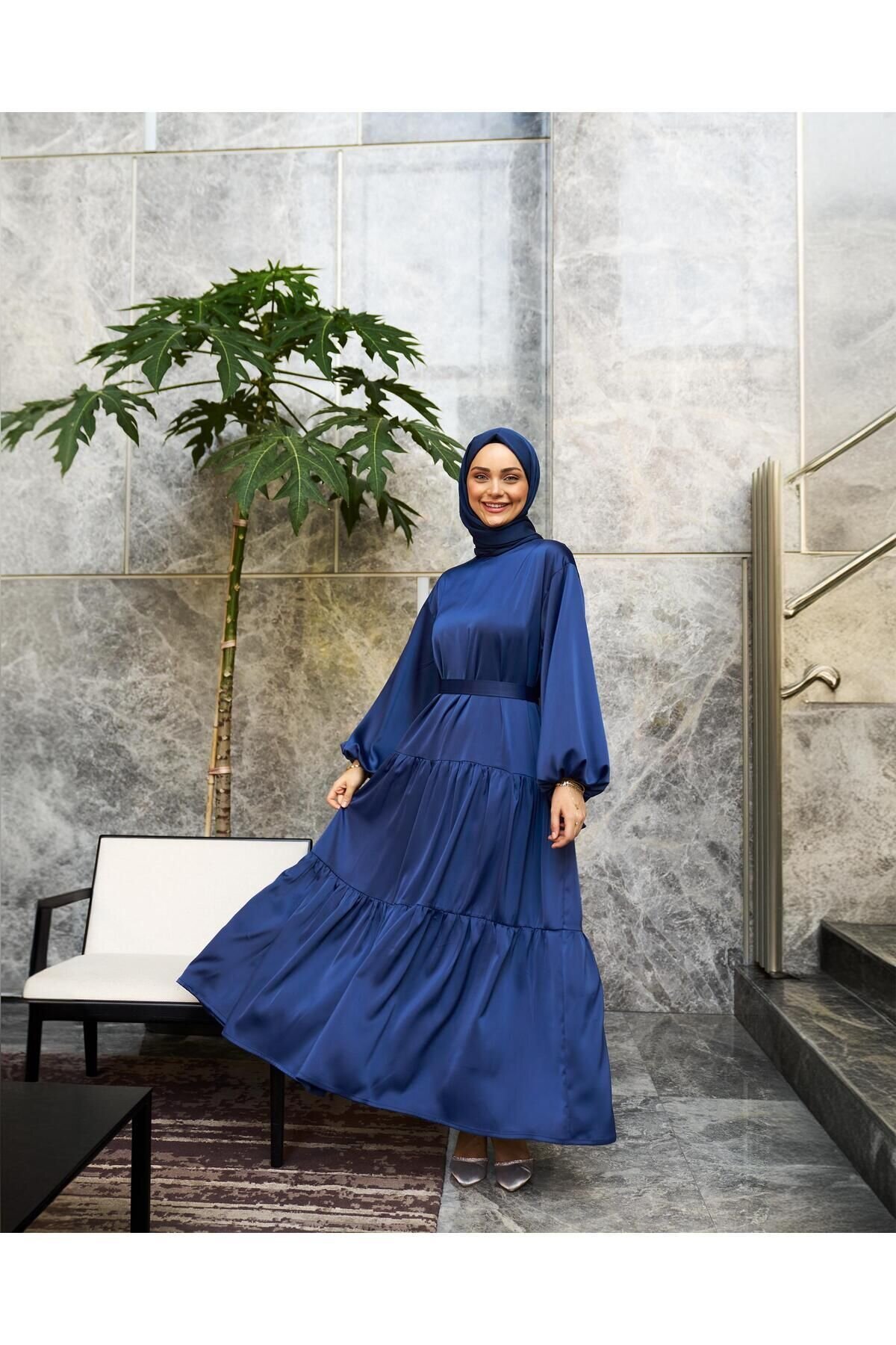 Satin Evening Dress - Navy - Azeem