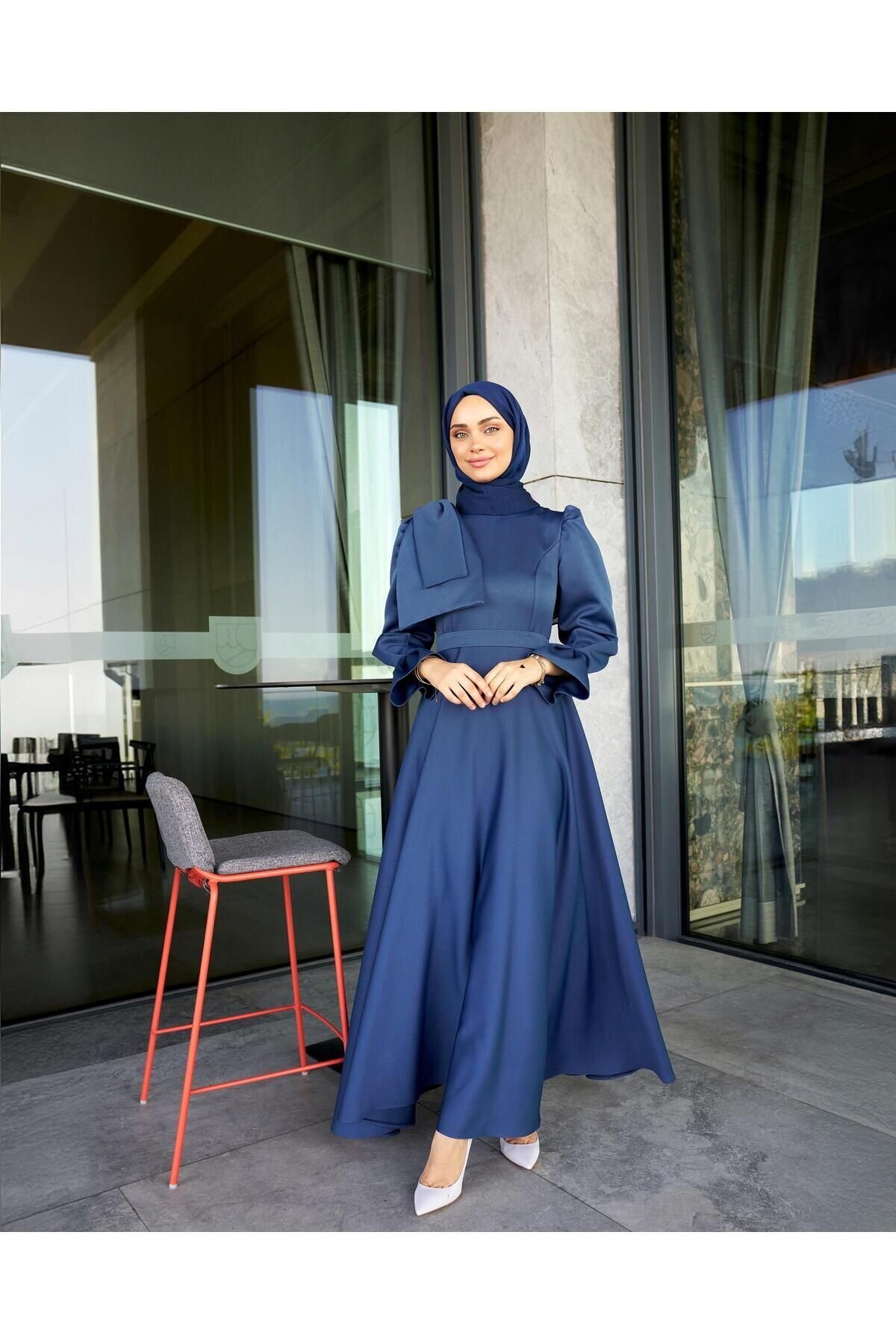 Long Satin Evening Dress - Navy - Azeem
