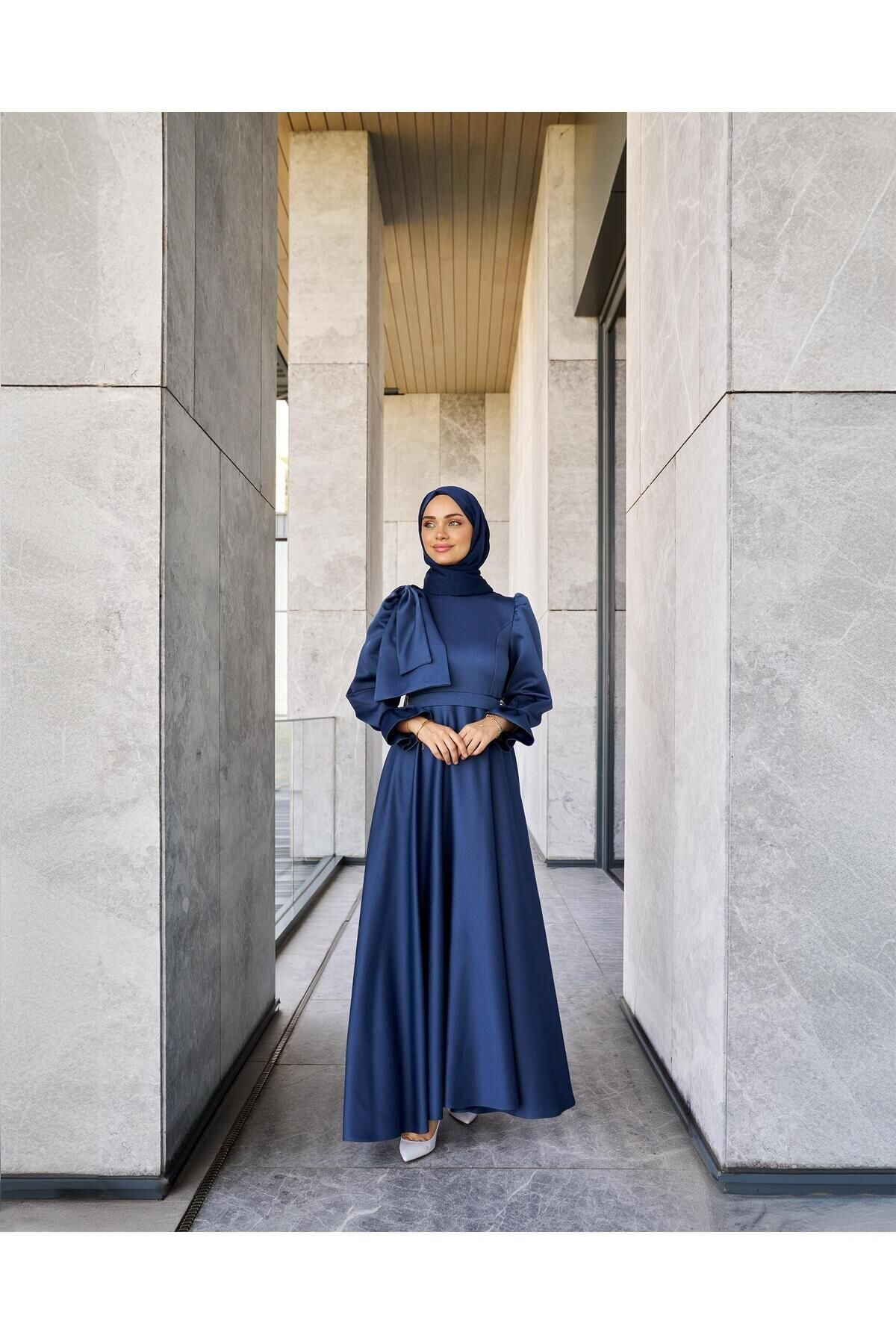 Long Satin Evening Dress - Navy - Azeem