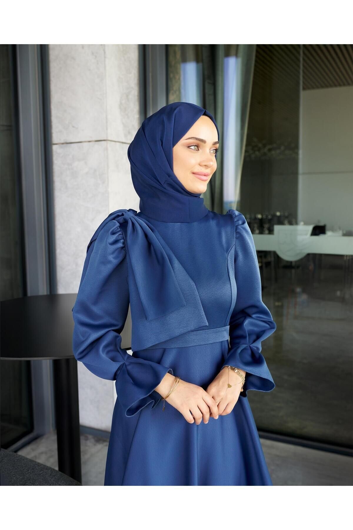Long Satin Evening Dress - Navy - Azeem