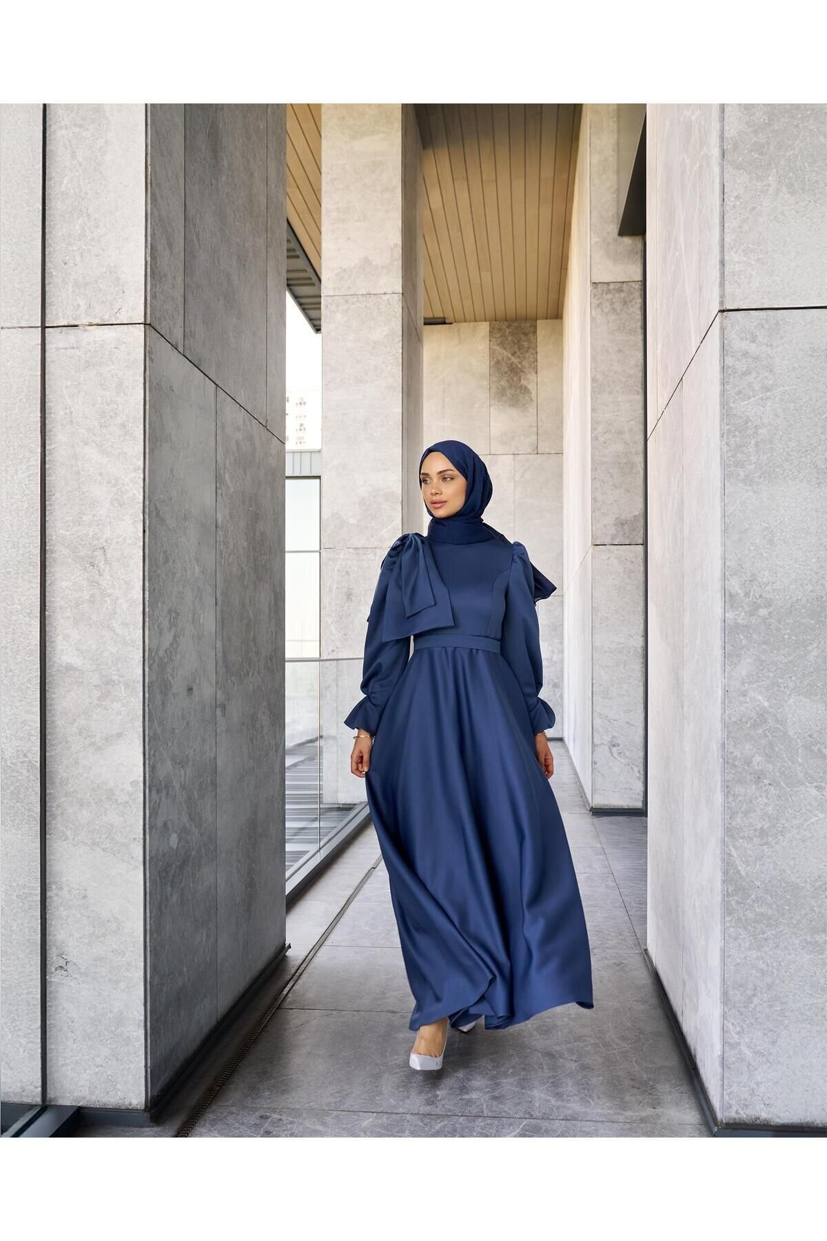 Long Satin Evening Dress - Navy - Azeem