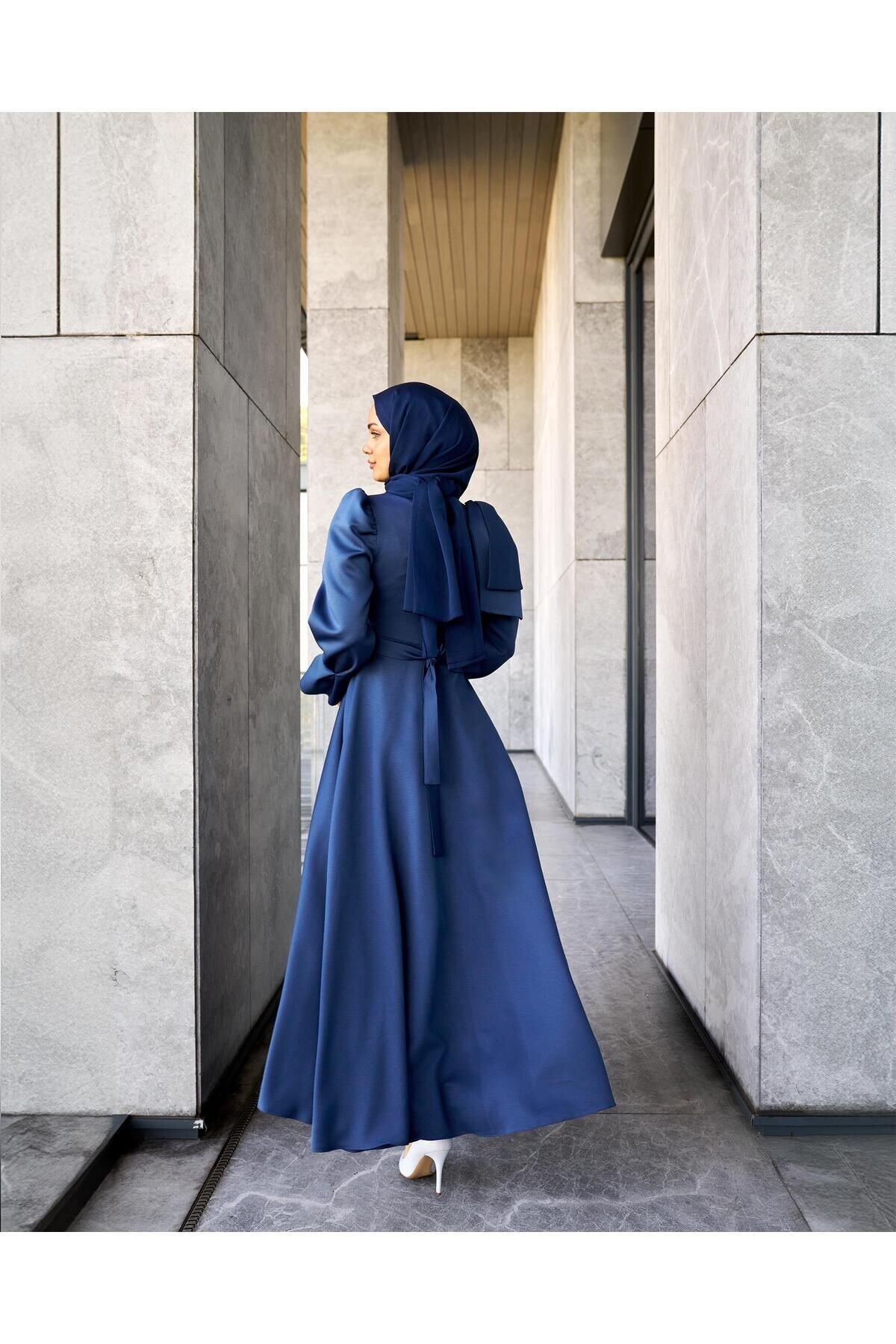 Long Satin Evening Dress - Navy - Azeem