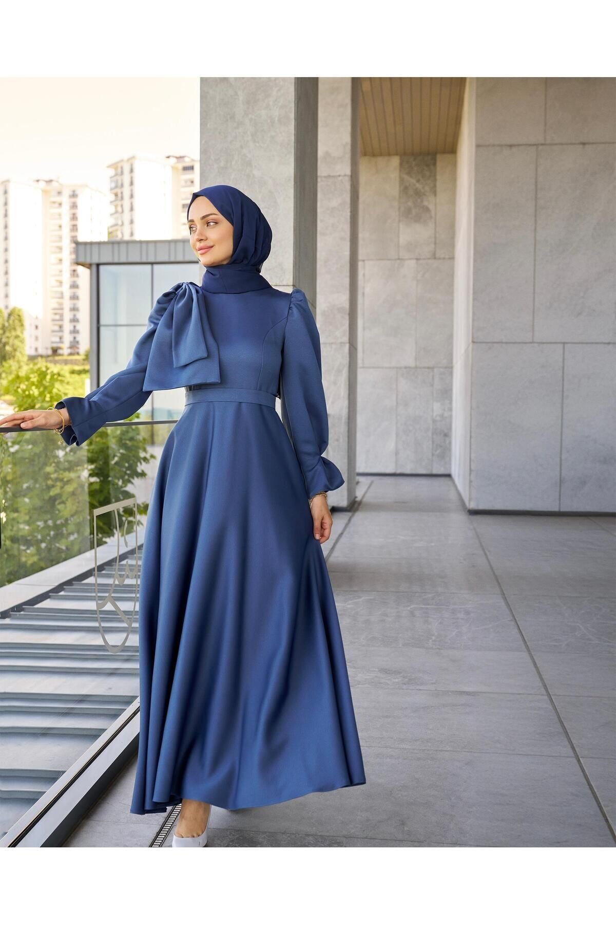 Long Satin Evening Dress - Navy - Azeem