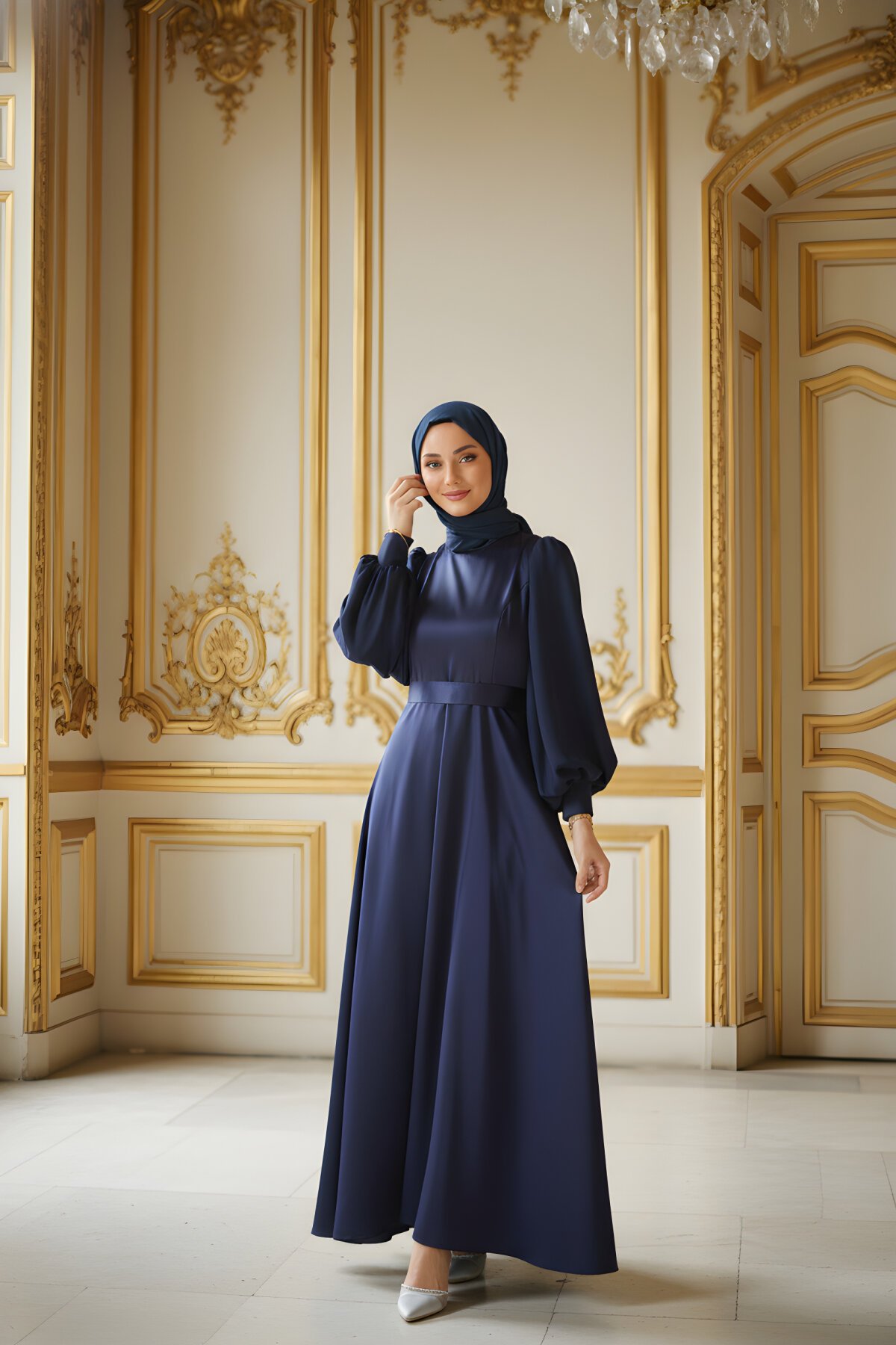 Lacivert Şifon Detaylı Saten Abiye Elbise - Azeem