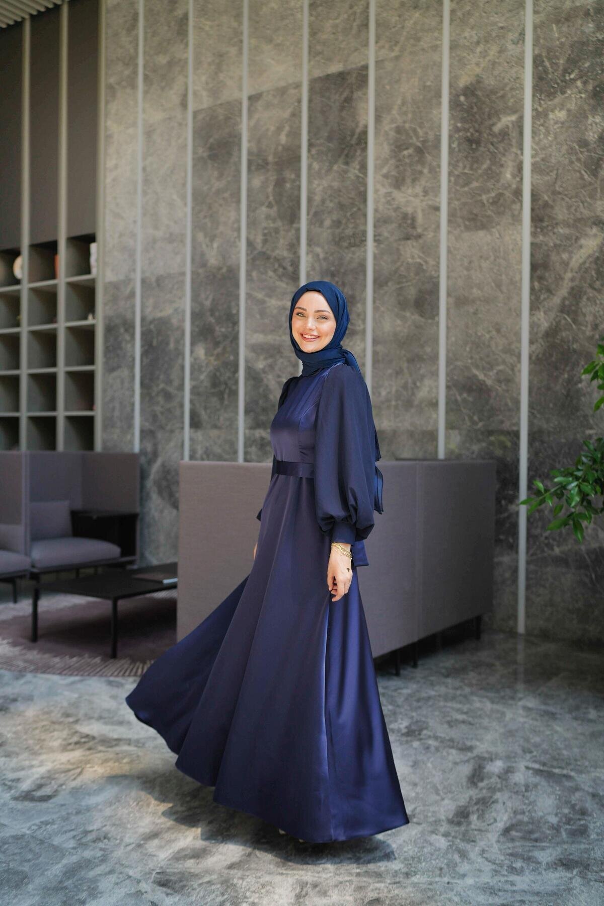 Satin Chiffon-Detail Evening Dress - Navy - Azeem