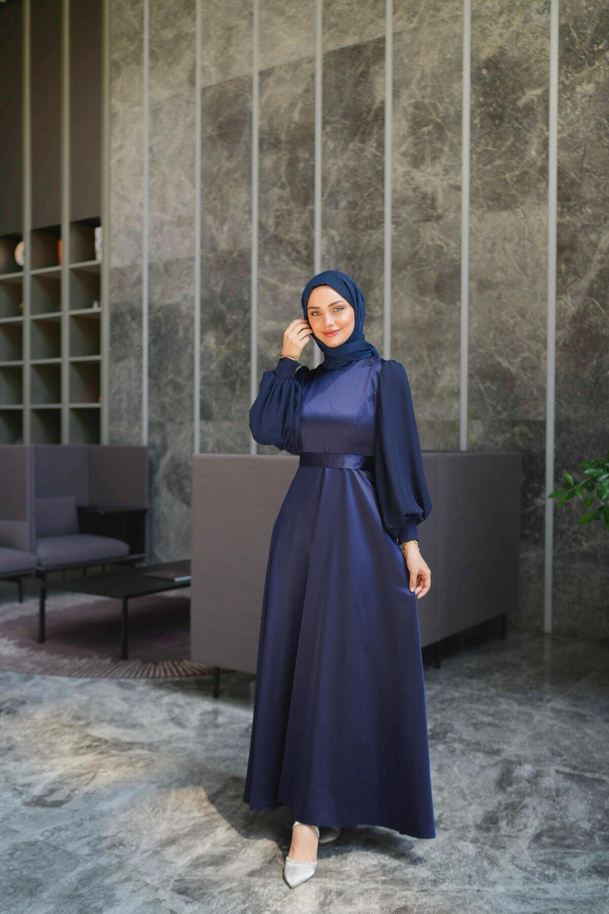 Satin Chiffon-Detail Evening Dress - Navy - Azeem