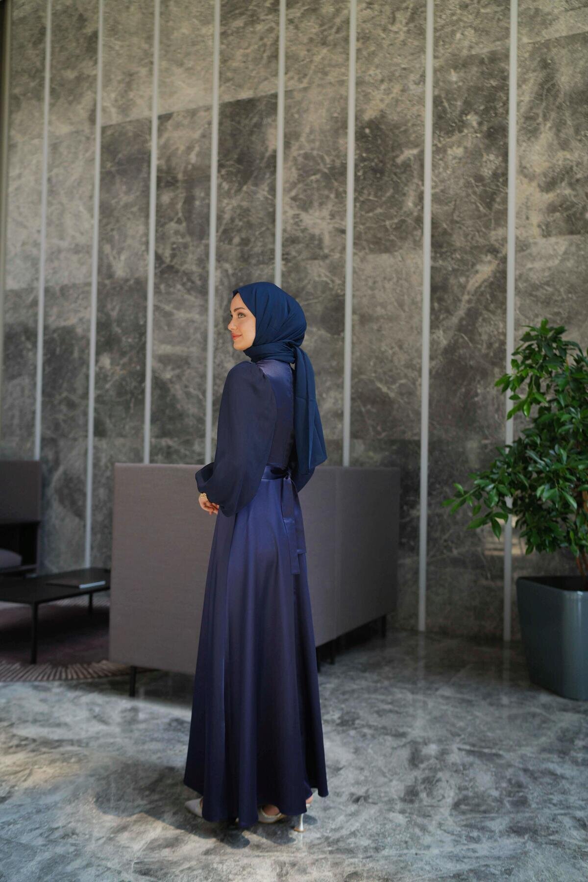 Satin Chiffon-Detail Evening Dress - Navy - Azeem