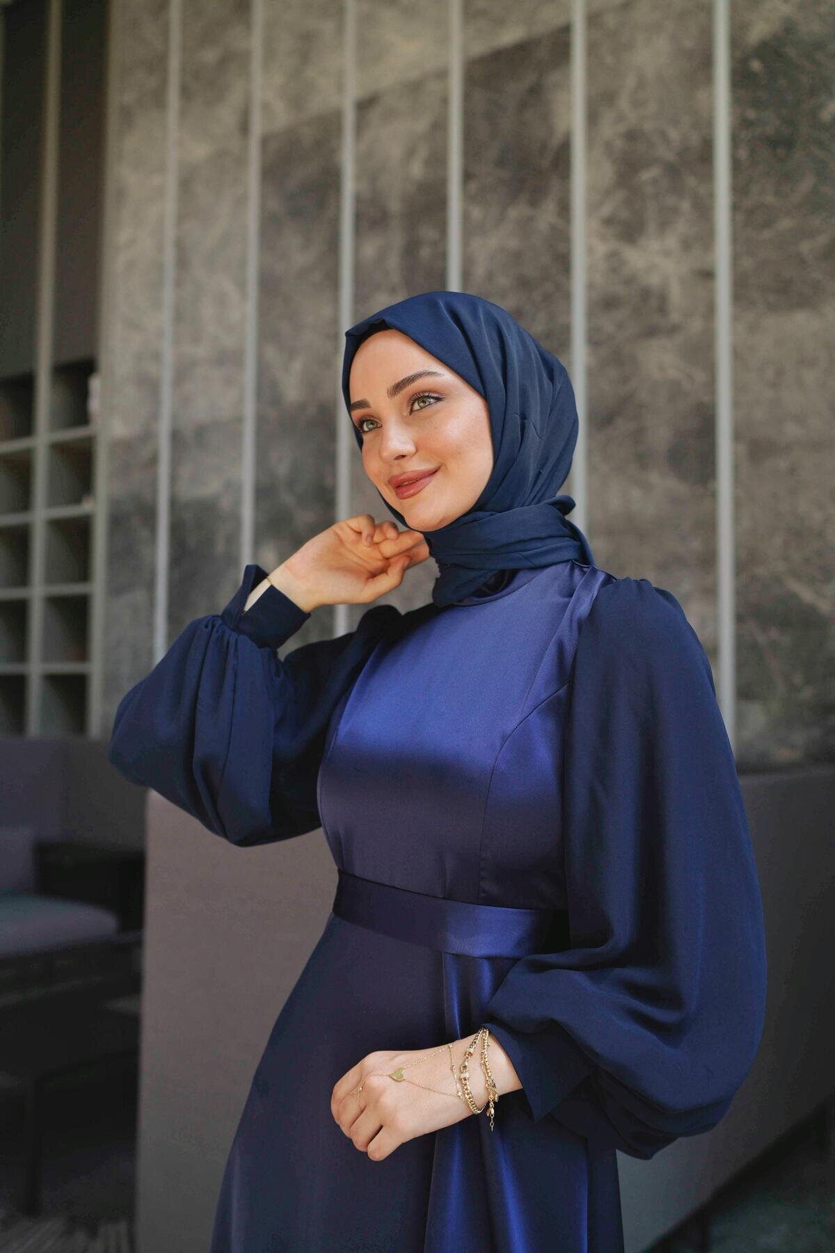 Satin Chiffon-Detail Evening Dress - Navy - Azeem