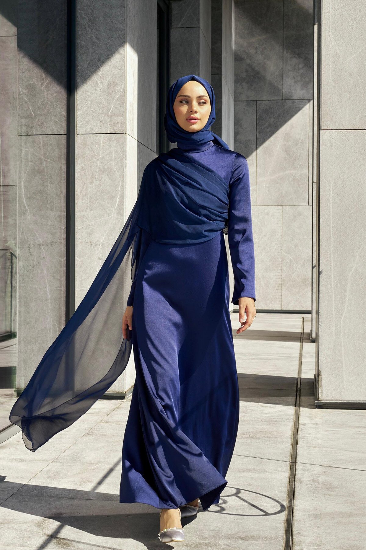 Satin Chiffon-Detail Evening Dress - Navy - Azeem