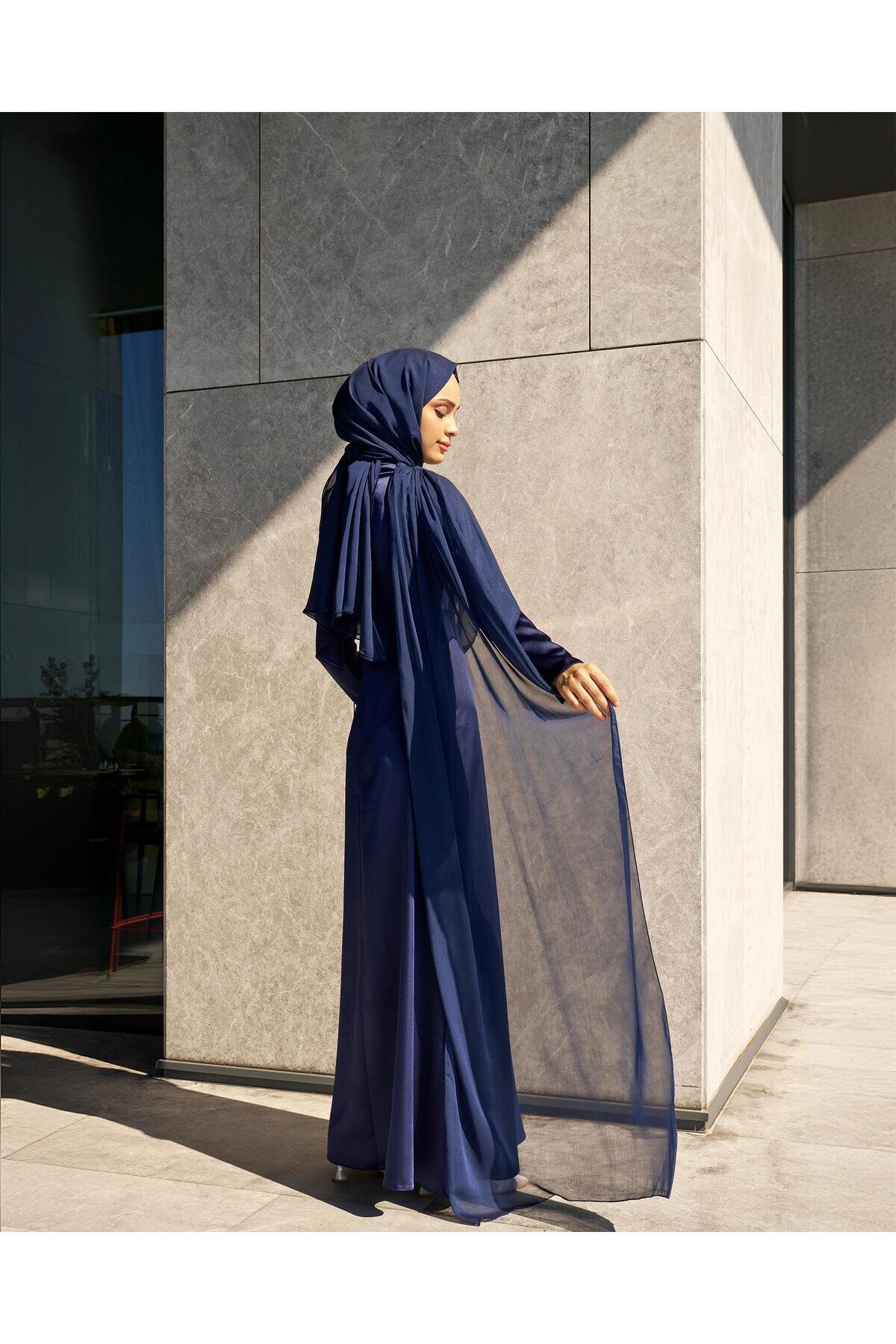 Satin Chiffon-Detail Evening Dress - Navy - Azeem