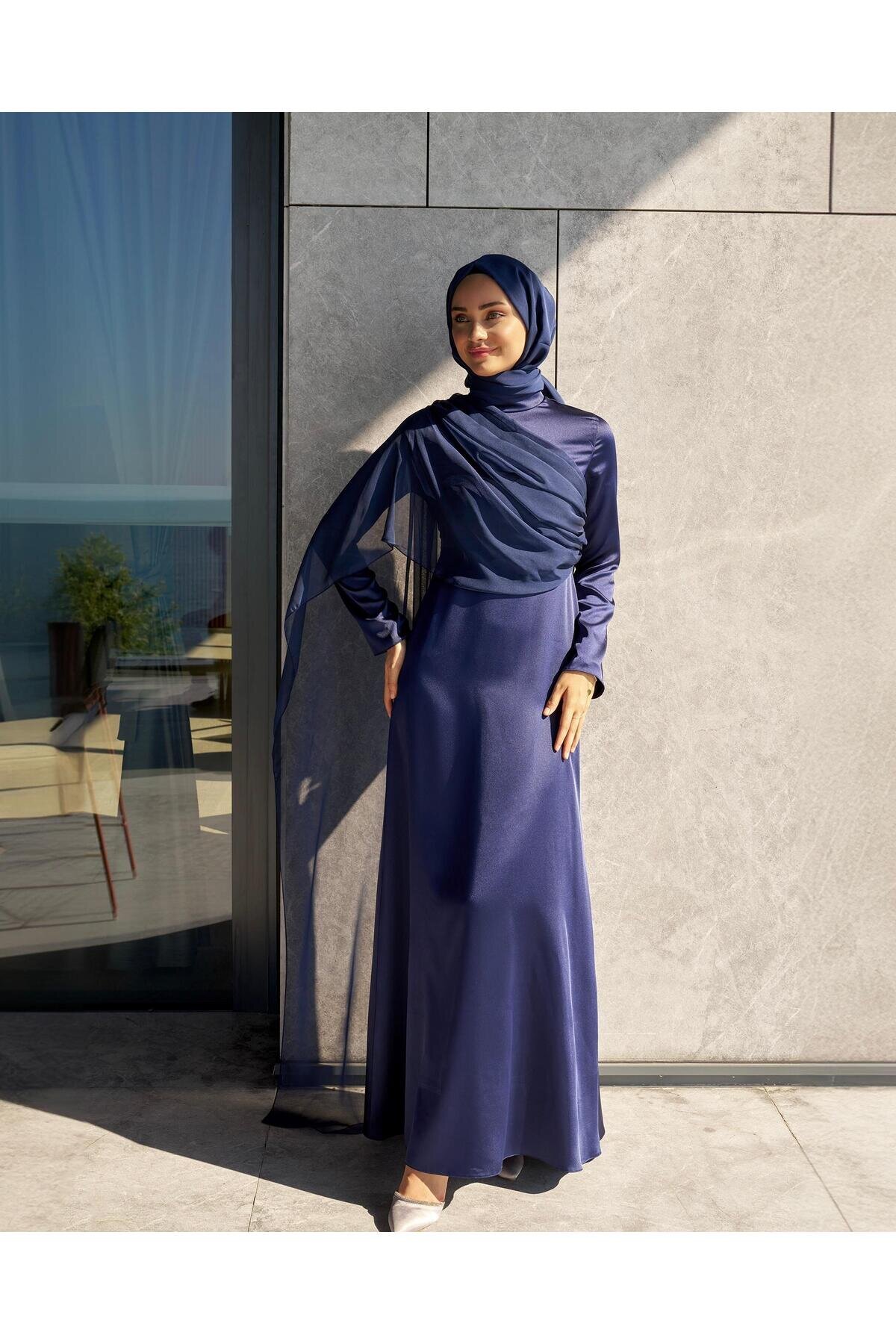 Satin Chiffon-Detail Evening Dress - Navy - Azeem