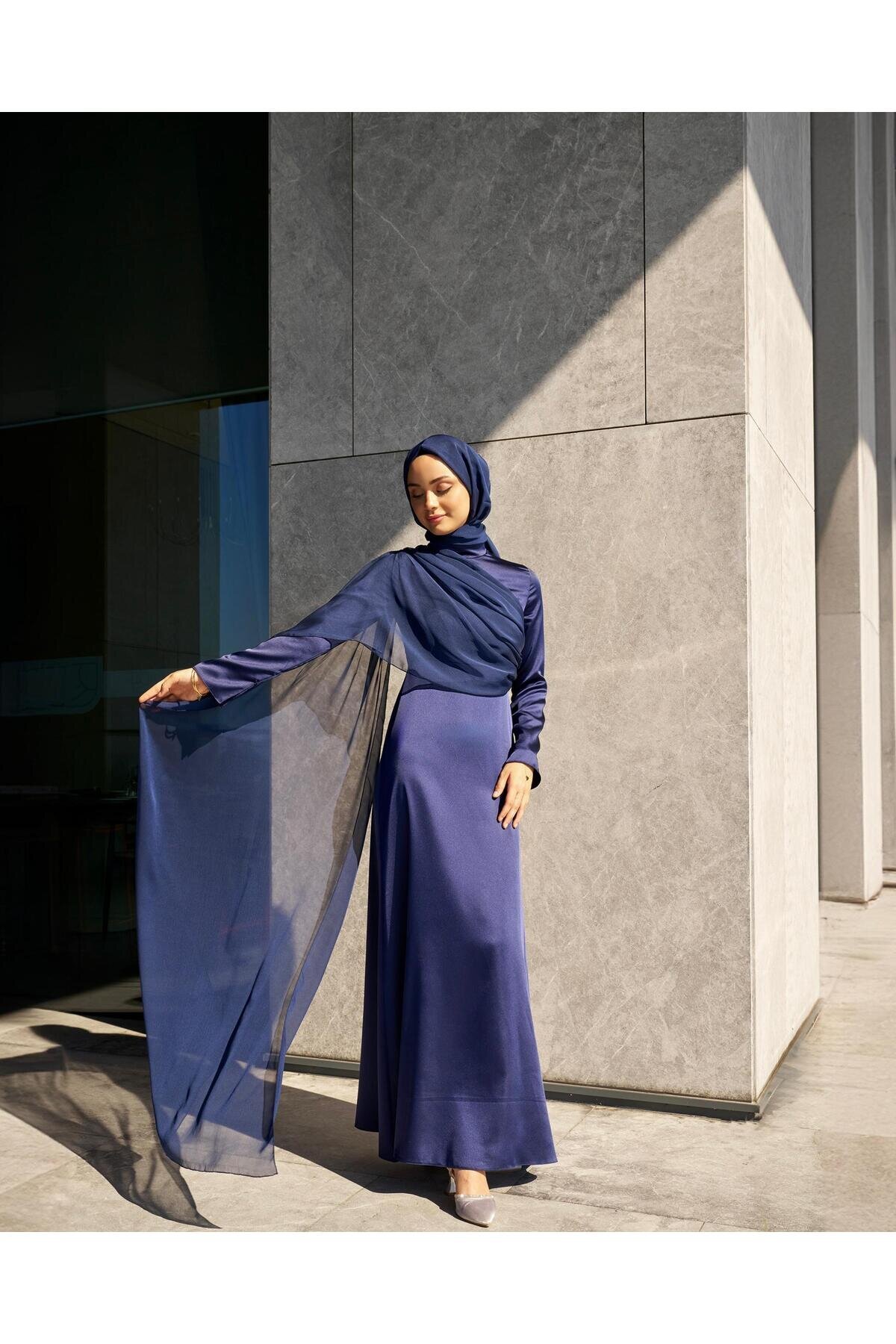 Satin Chiffon-Detail Evening Dress - Navy - Azeem