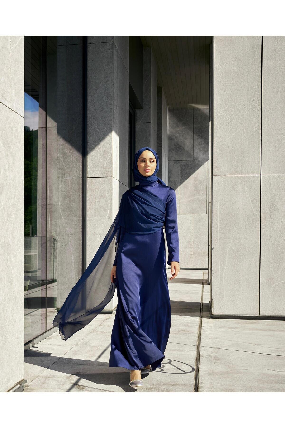 Satin Chiffon-Detail Evening Dress - Navy - Azeem