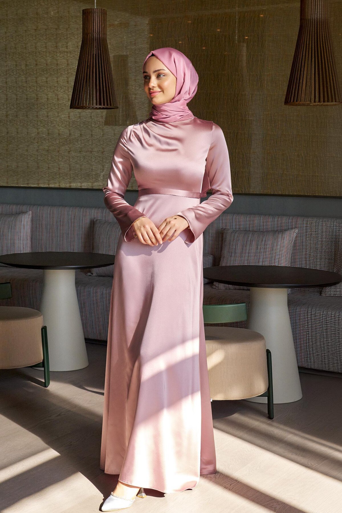 Pembe Saten Özel Gün Mezuniyet Abiye Elbise - Azeem