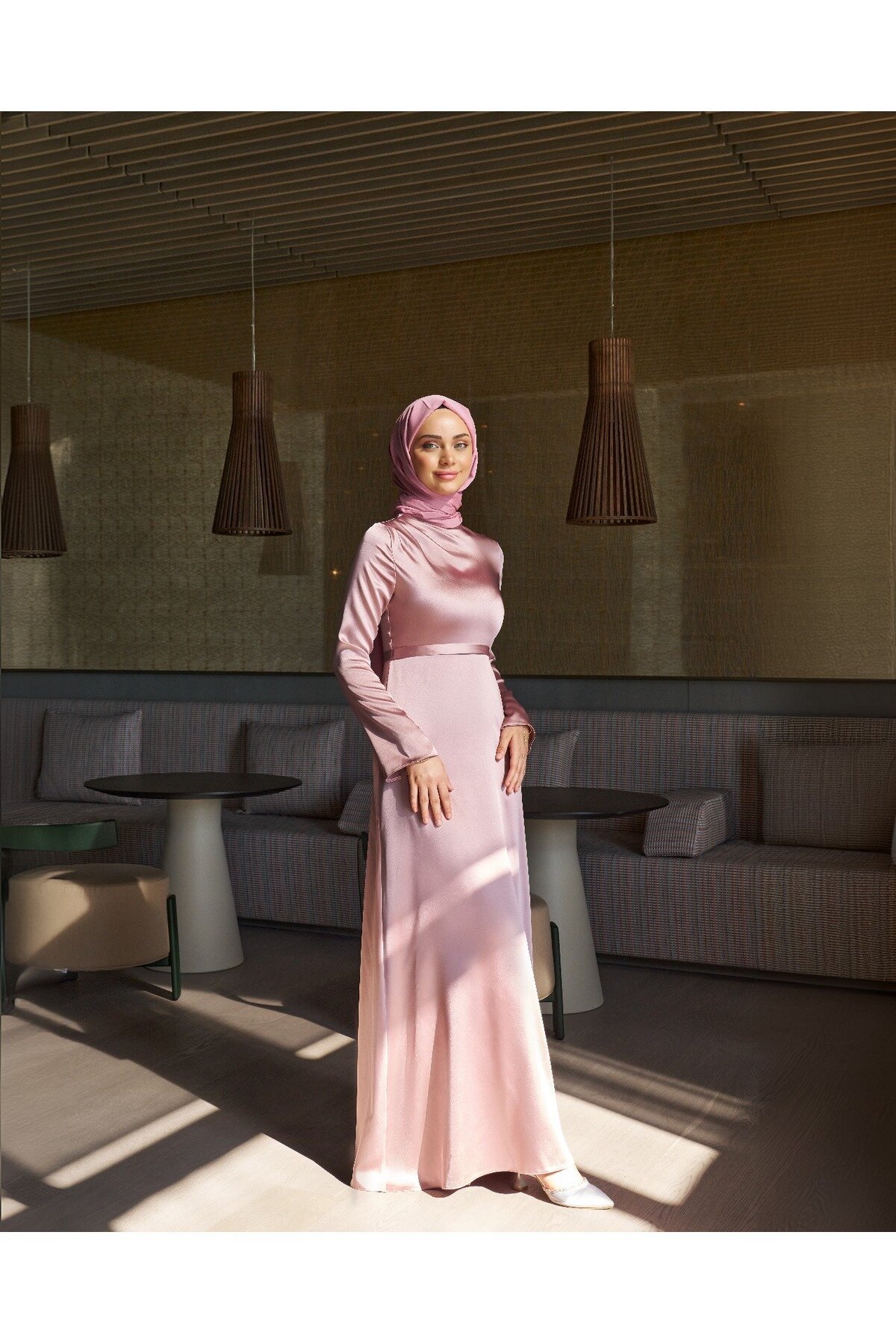 Pembe Saten Özel Gün Mezuniyet Abiye Elbise - Azeem