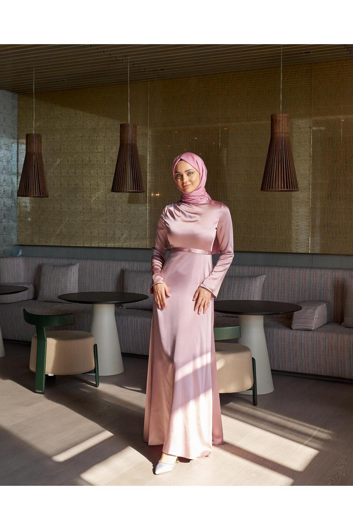 Pembe Saten Özel Gün Mezuniyet Abiye Elbise - Azeem