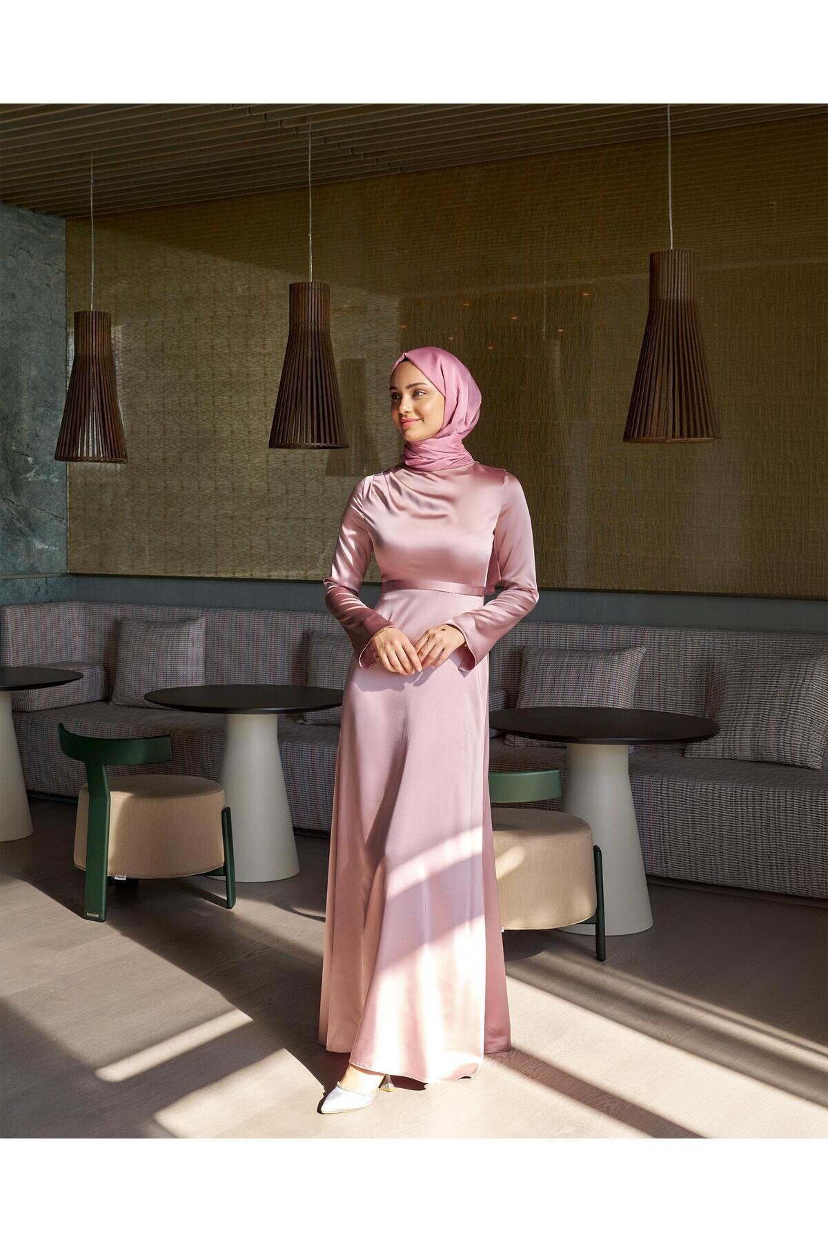 Pembe Saten Özel Gün Mezuniyet Abiye Elbise - Azeem