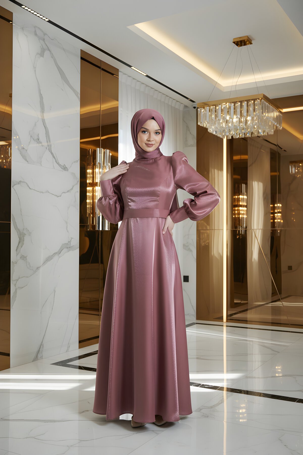 Pembe Simli Saten Abiye Elbise - Azeem