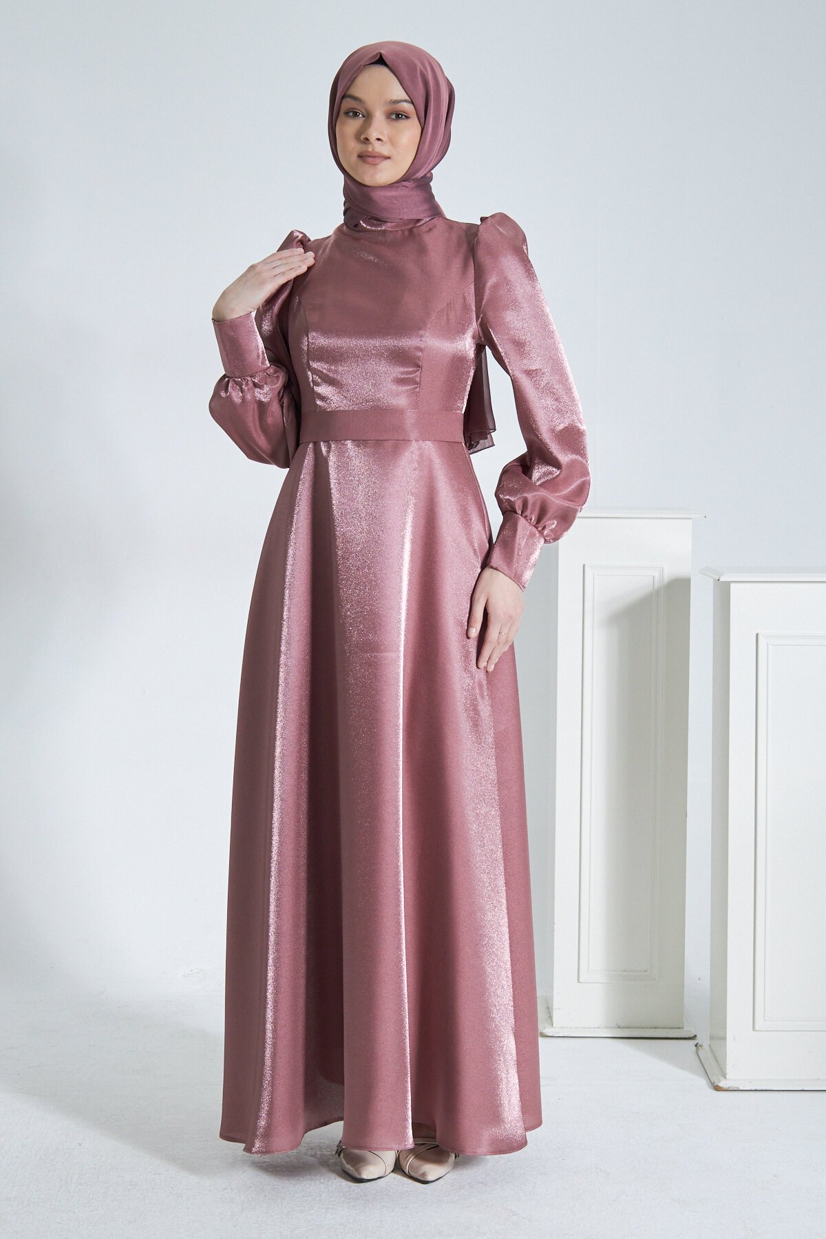 Satin Glittery Evening Dress - Pink - Azeem
