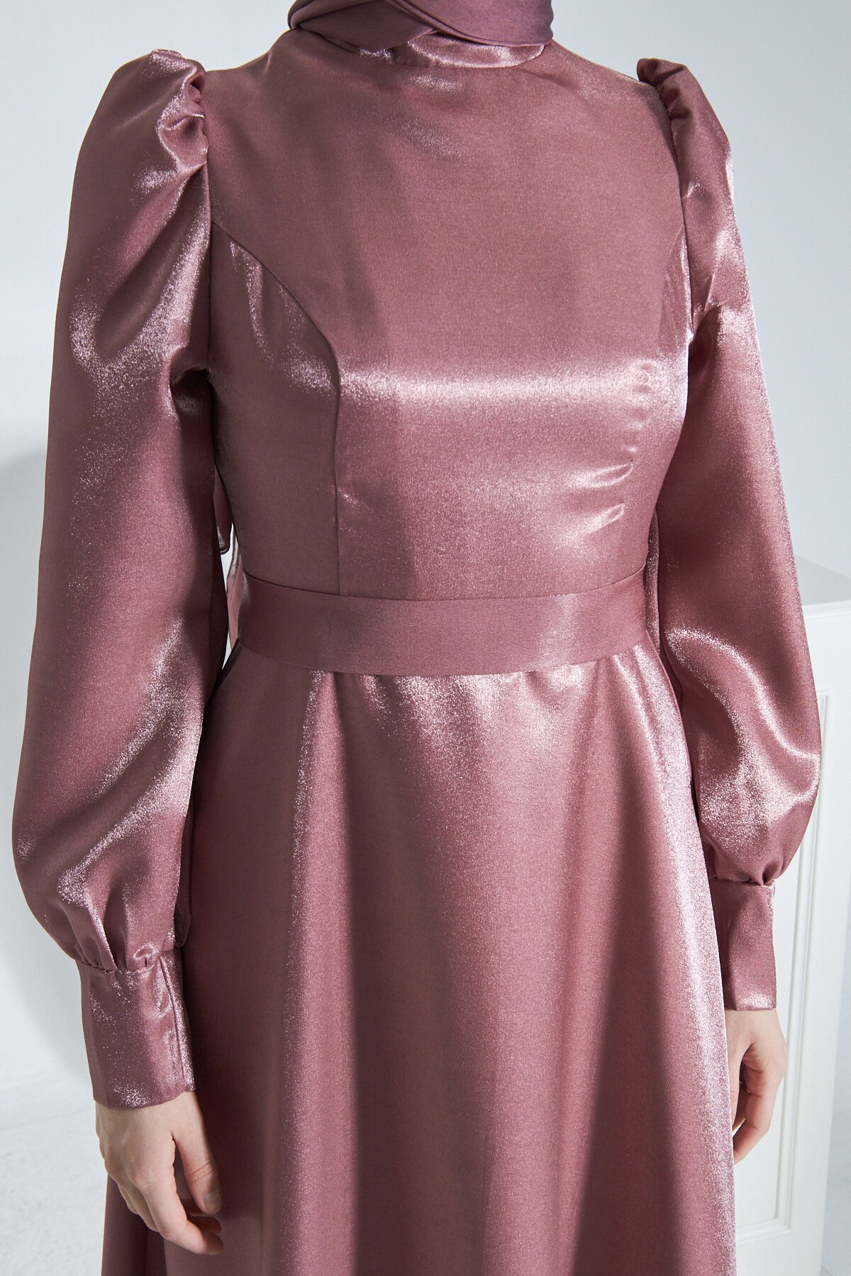Satin Glittery Evening Dress - Pink - Azeem