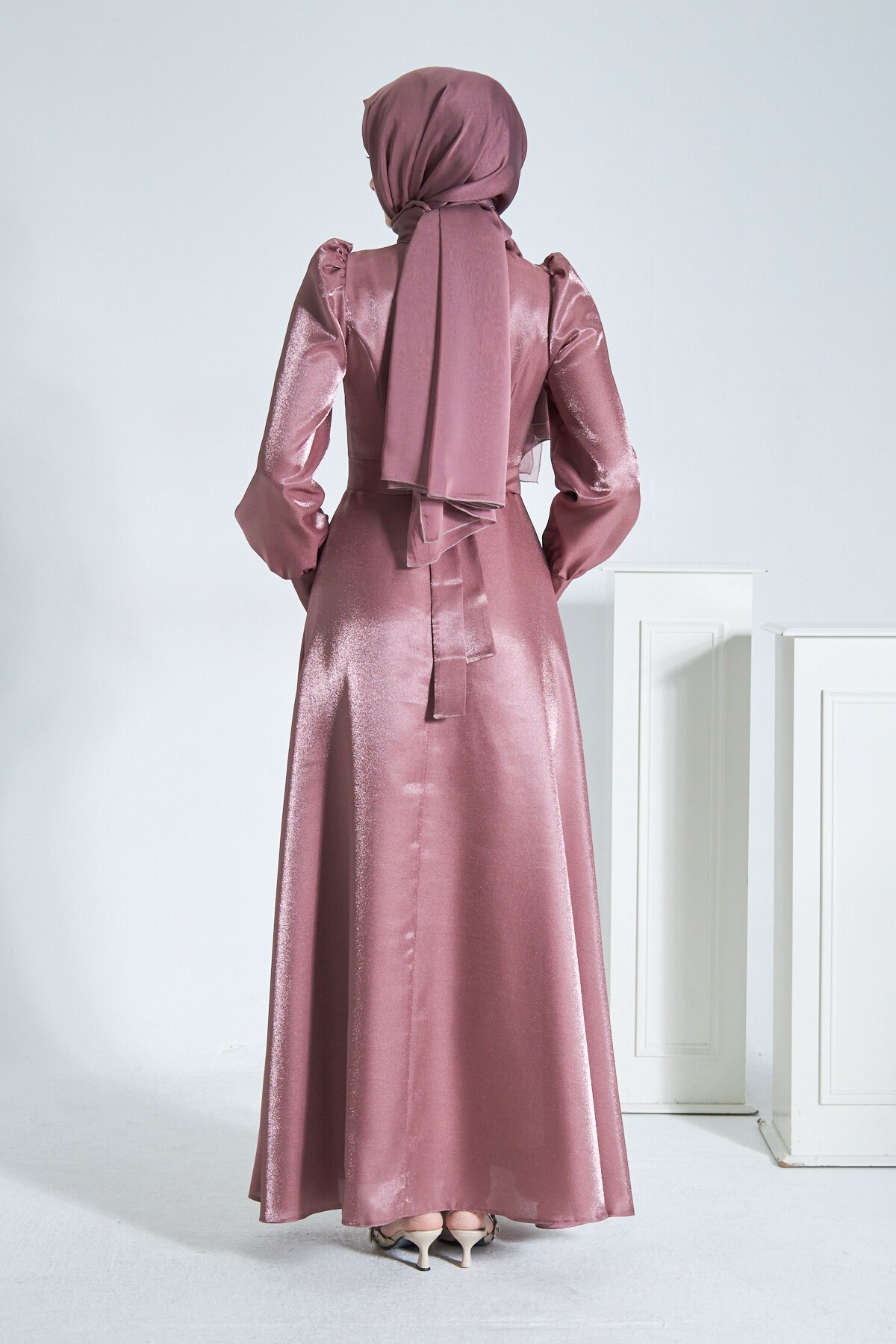 Satin Glittery Evening Dress - Pink - Azeem