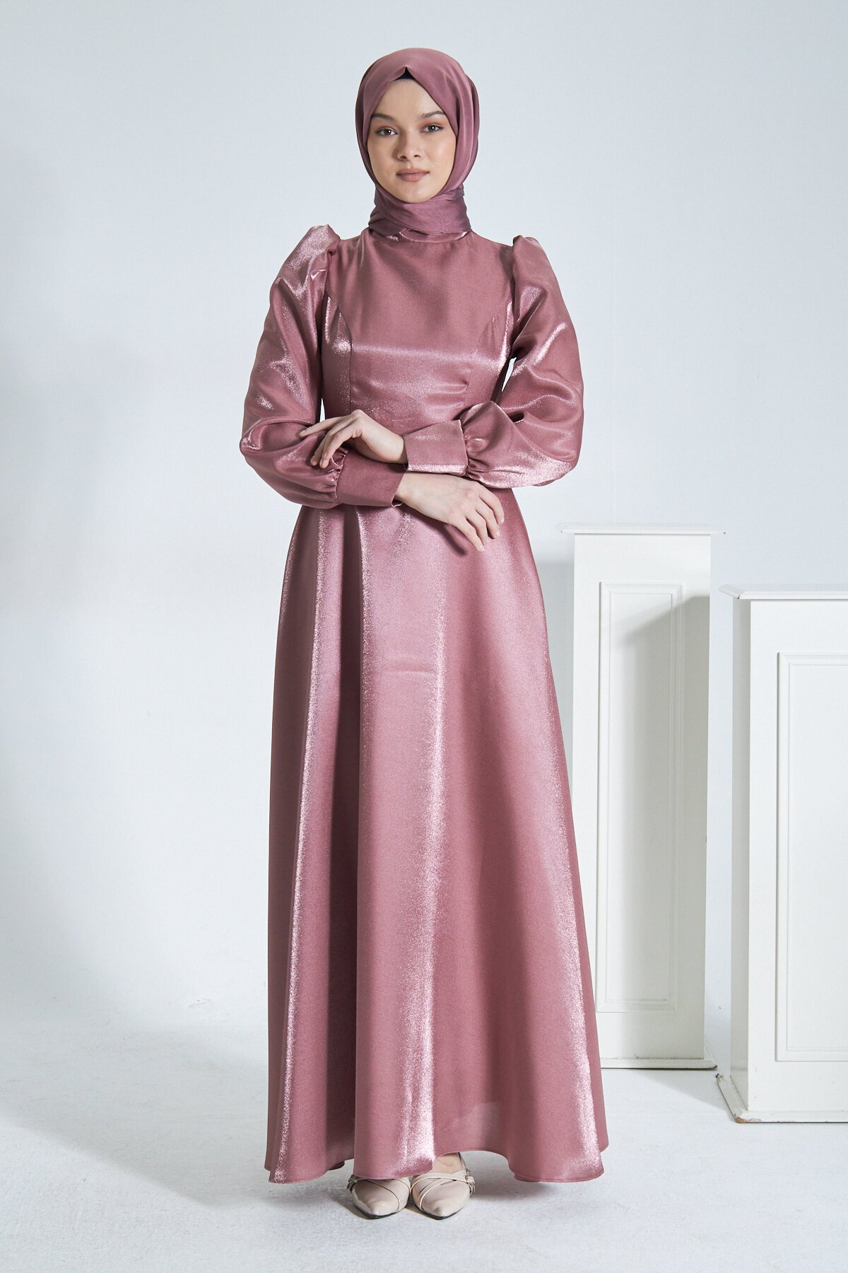 Satin Glittery Evening Dress - Pink - Azeem