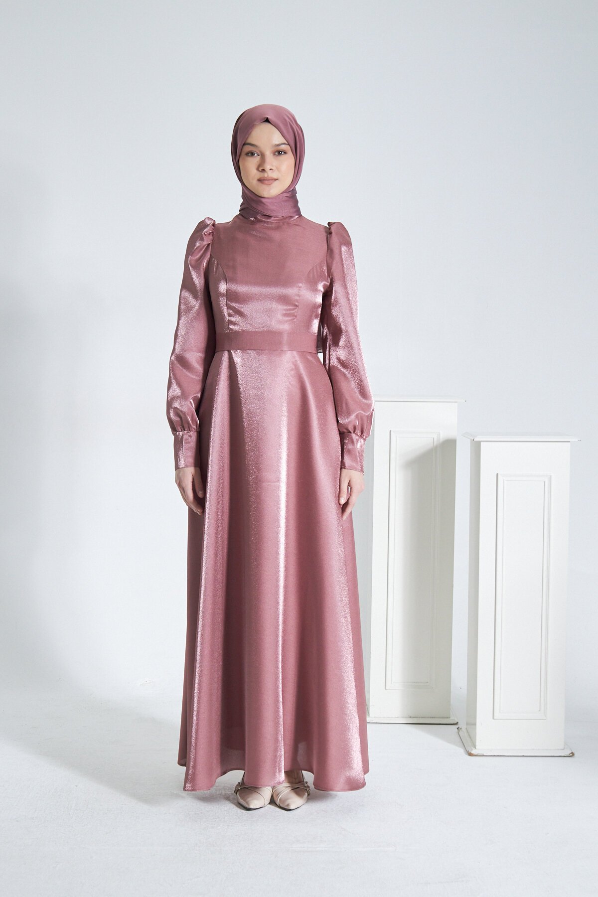 Satin Glittery Evening Dress - Pink - Azeem