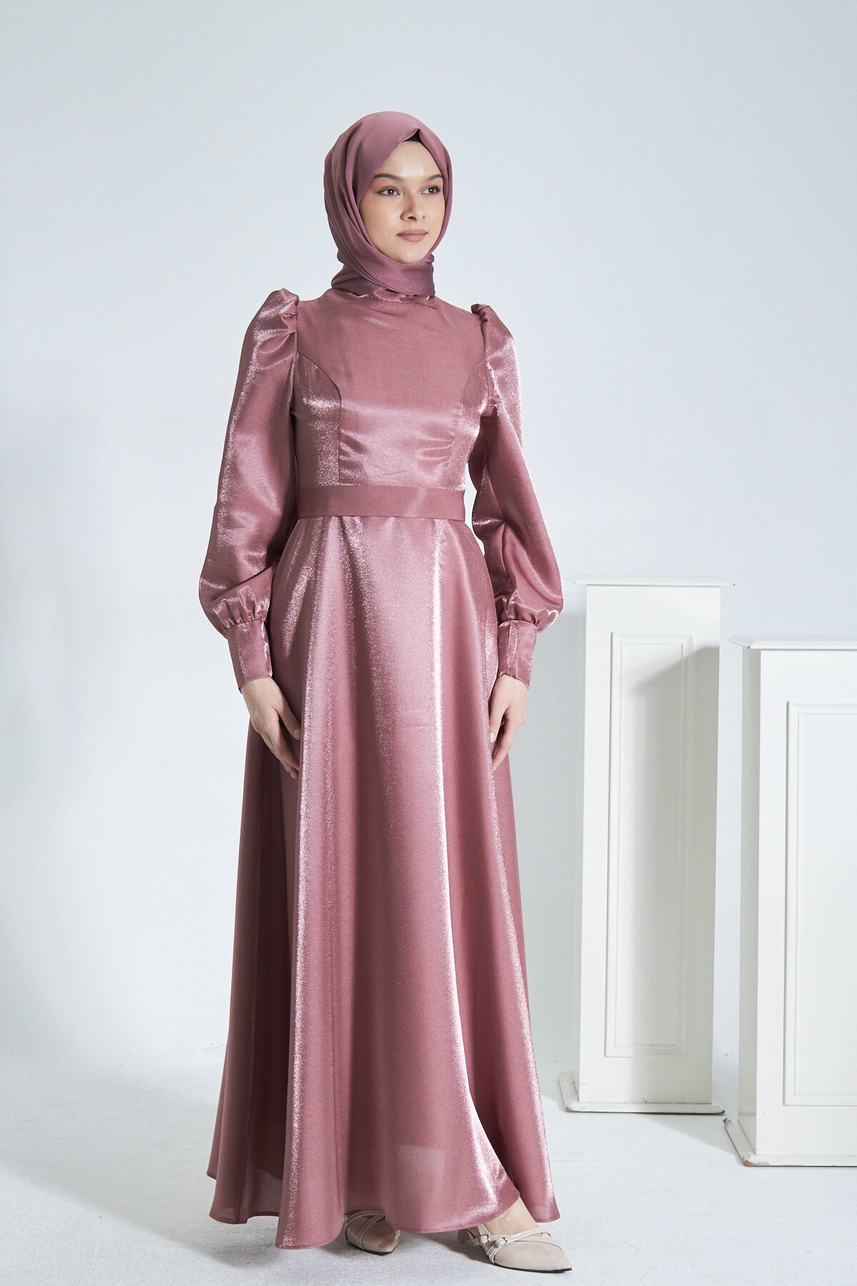 Satin Glittery Evening Dress - Pink - Azeem