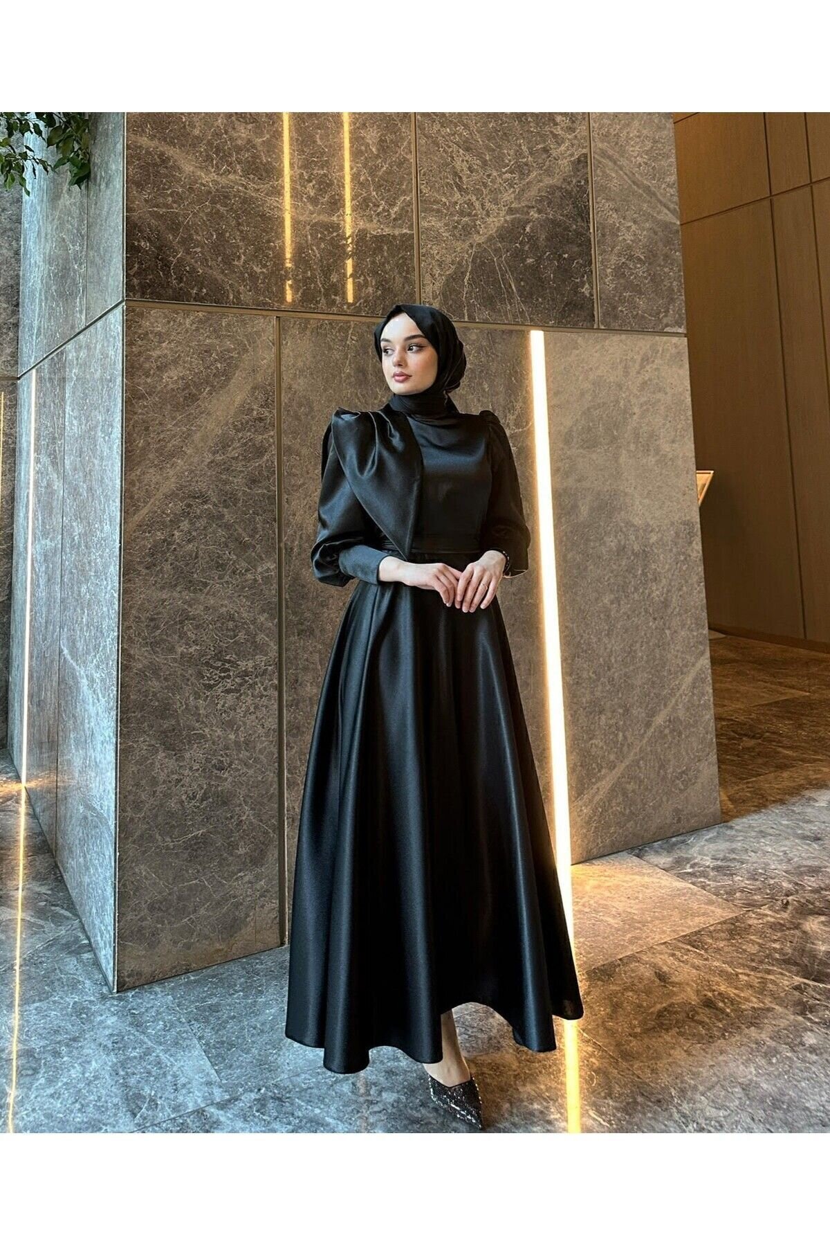 Satin Prom Evening Dress - Black - Azeem