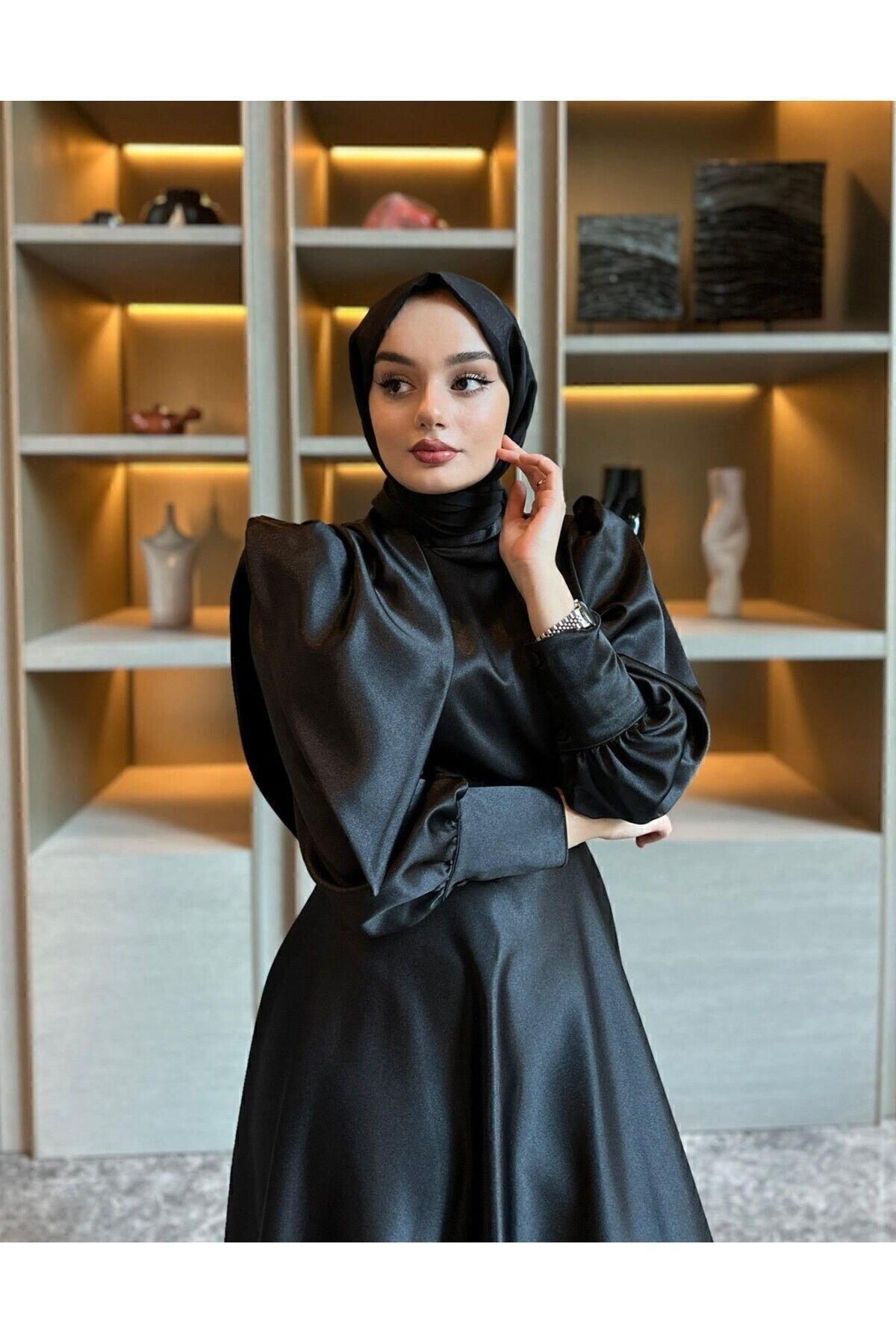 Satin Prom Evening Dress - Black - Azeem