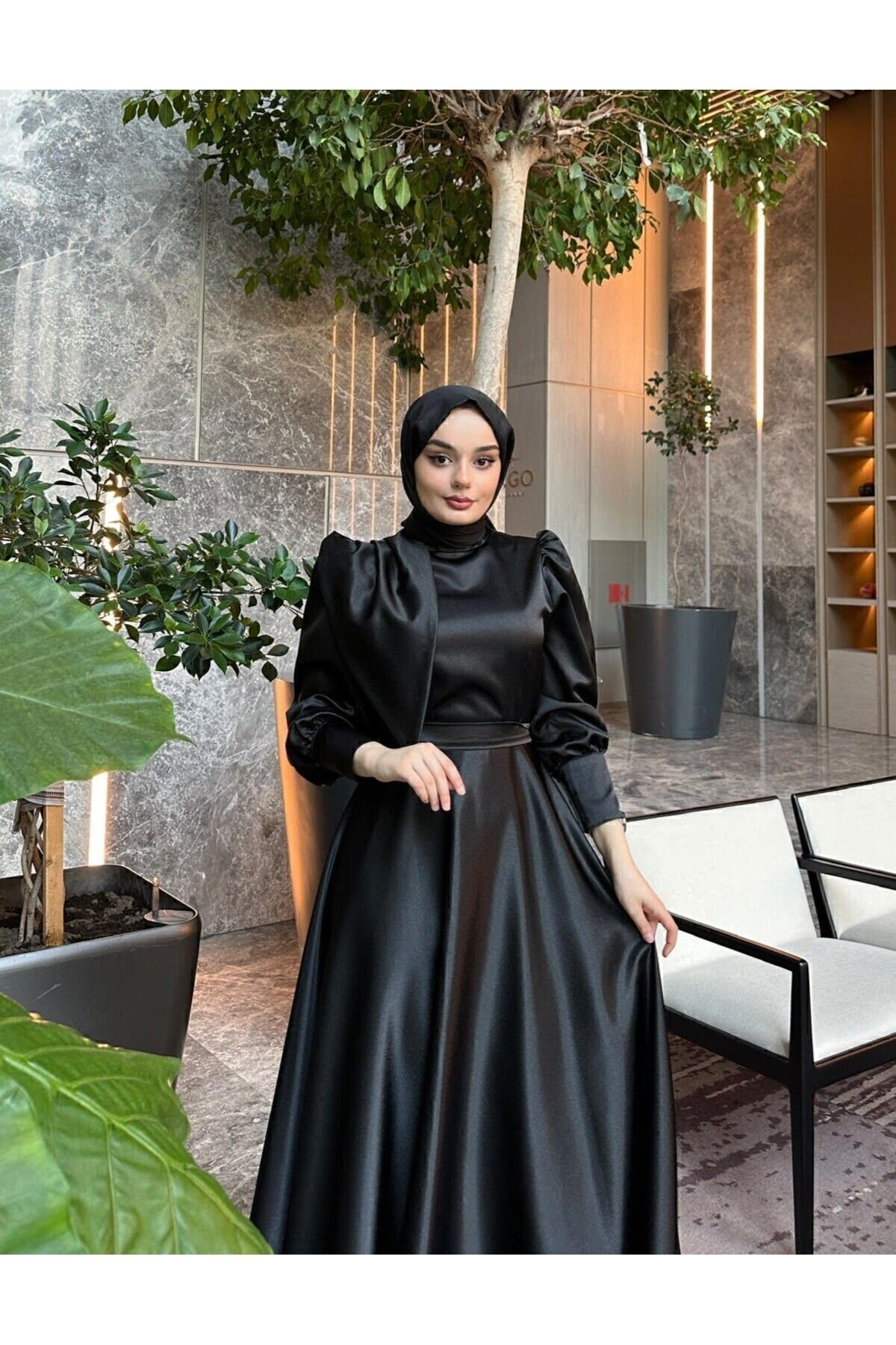 Satin Prom Evening Dress - Black - Azeem