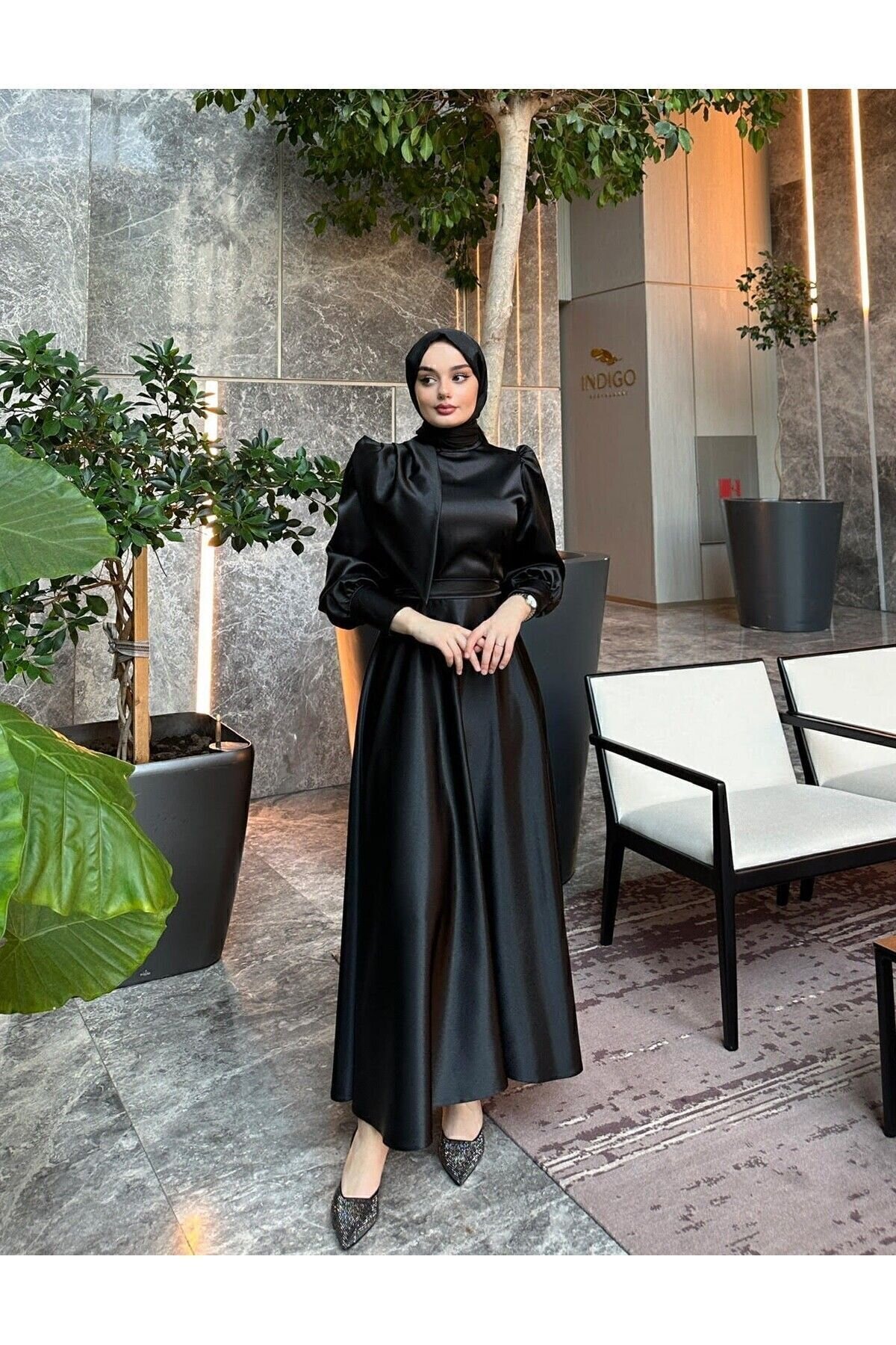Satin Prom Evening Dress - Black - Azeem