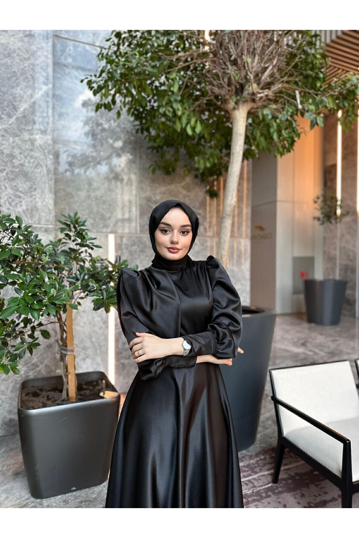 Satin Prom Evening Dress - Black - Azeem