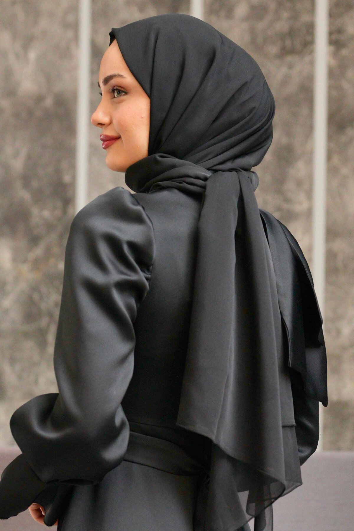 Shimmer Chiffon Satin Shawl - Black - Azeem