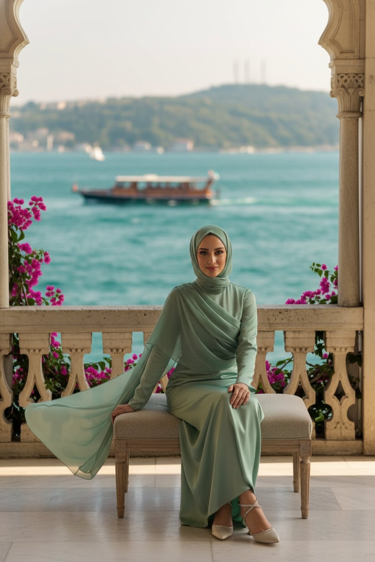 Satin Chiffon-Detail Evening Dress - Green - Azeem