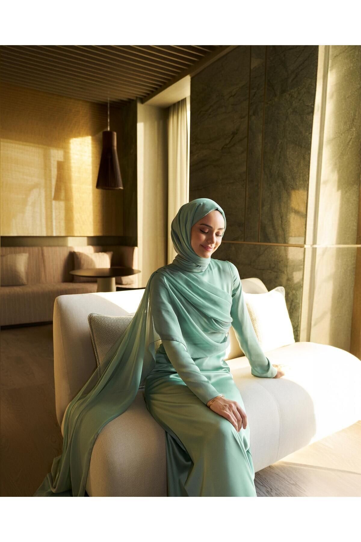 Satin Chiffon-Detail Evening Dress - Green - Azeem