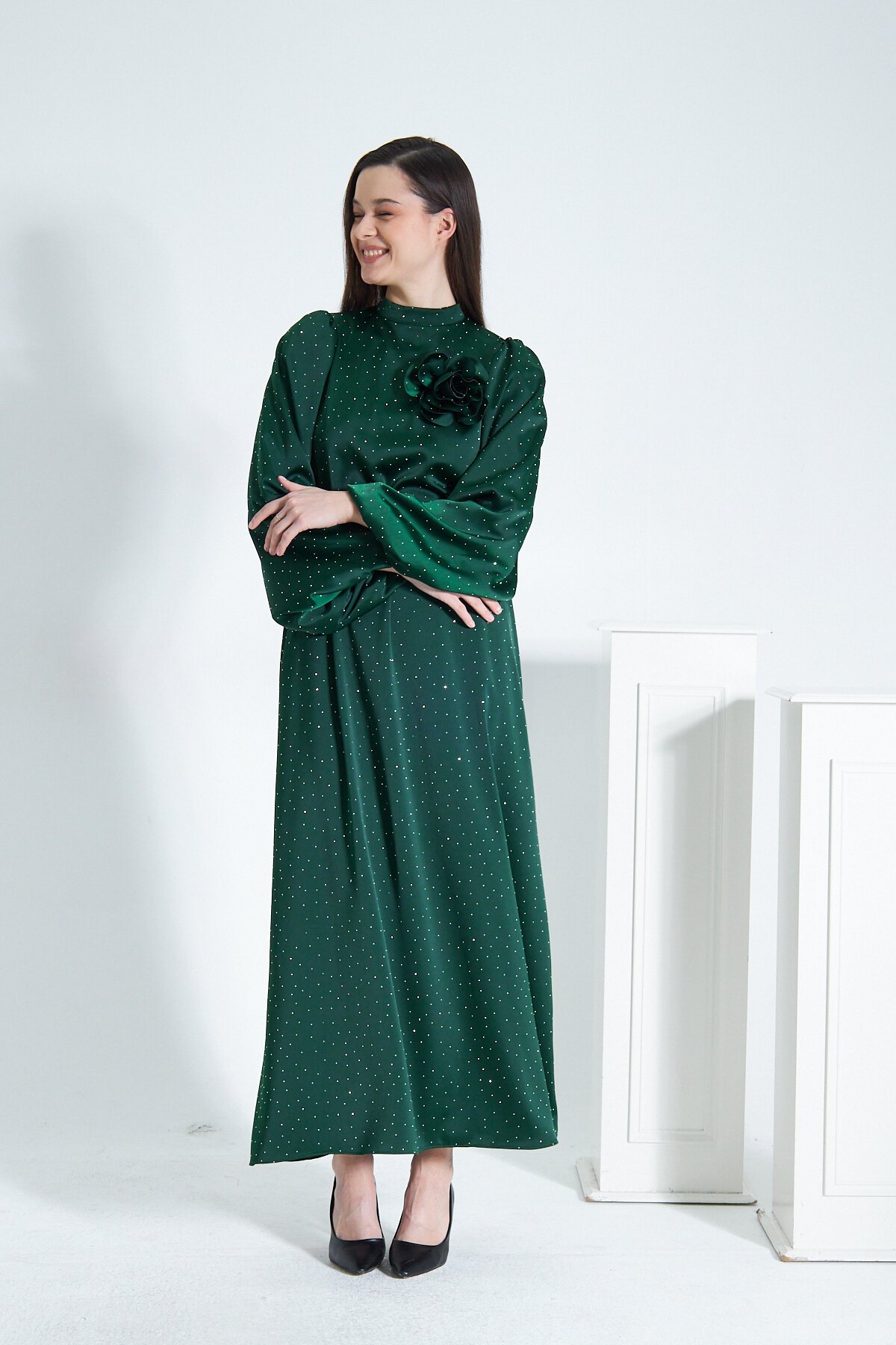 Satin Stone Evening Dress - Green - Azeem