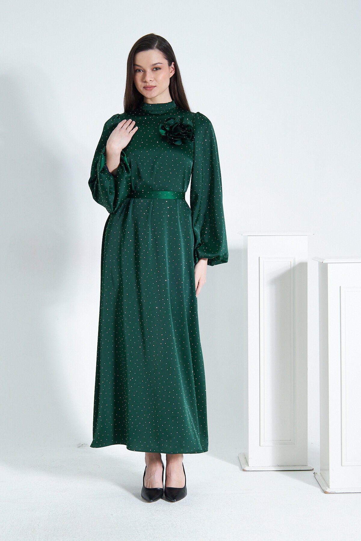 Satin Stone Evening Dress - Green - Azeem