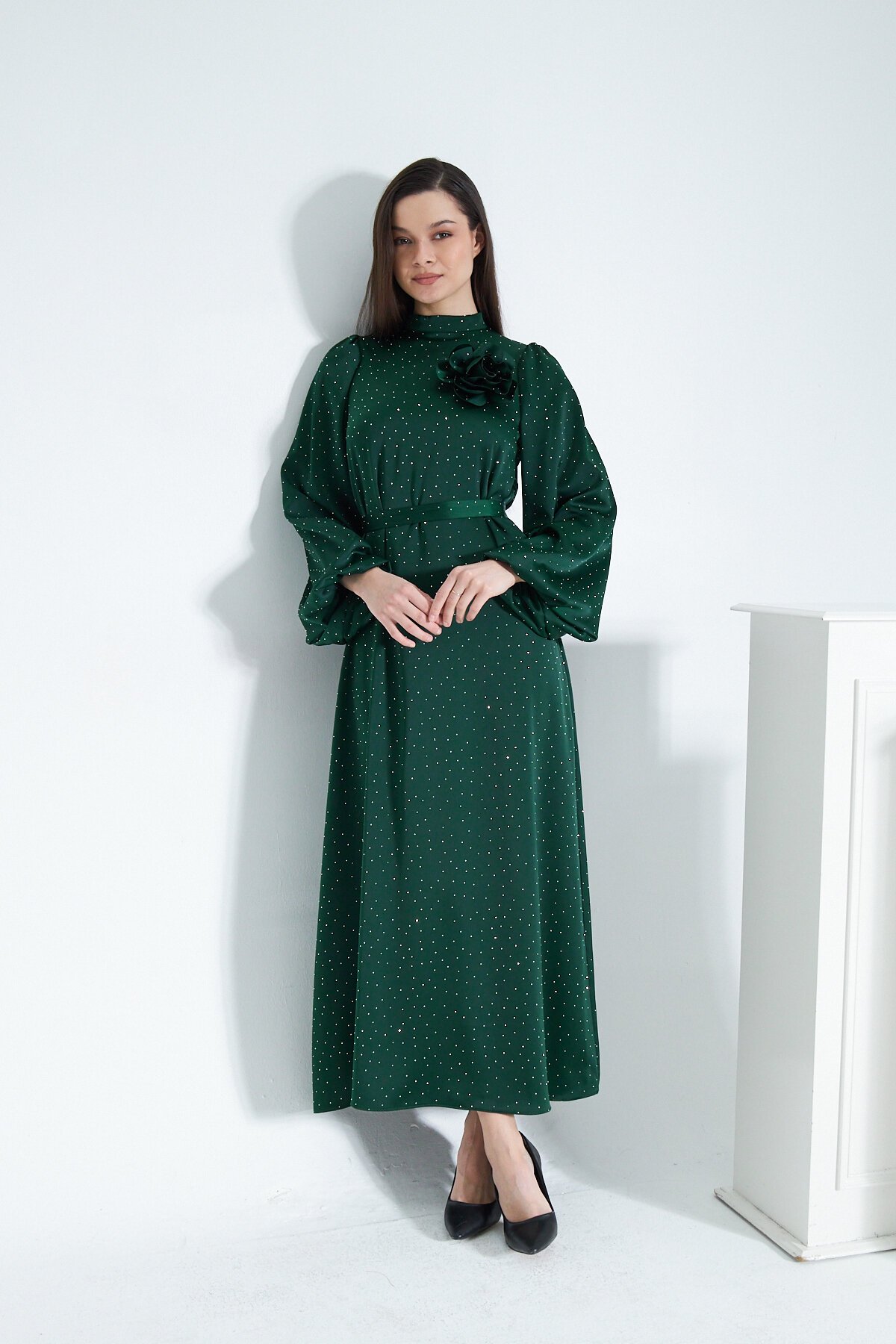 Satin Stone Evening Dress - Green - Azeem