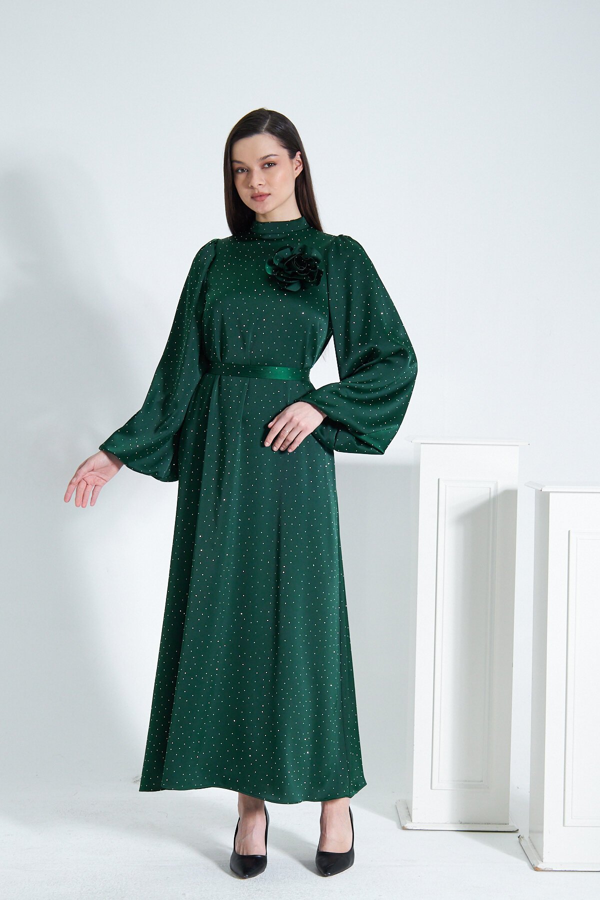 Satin Stone Evening Dress - Green - Azeem