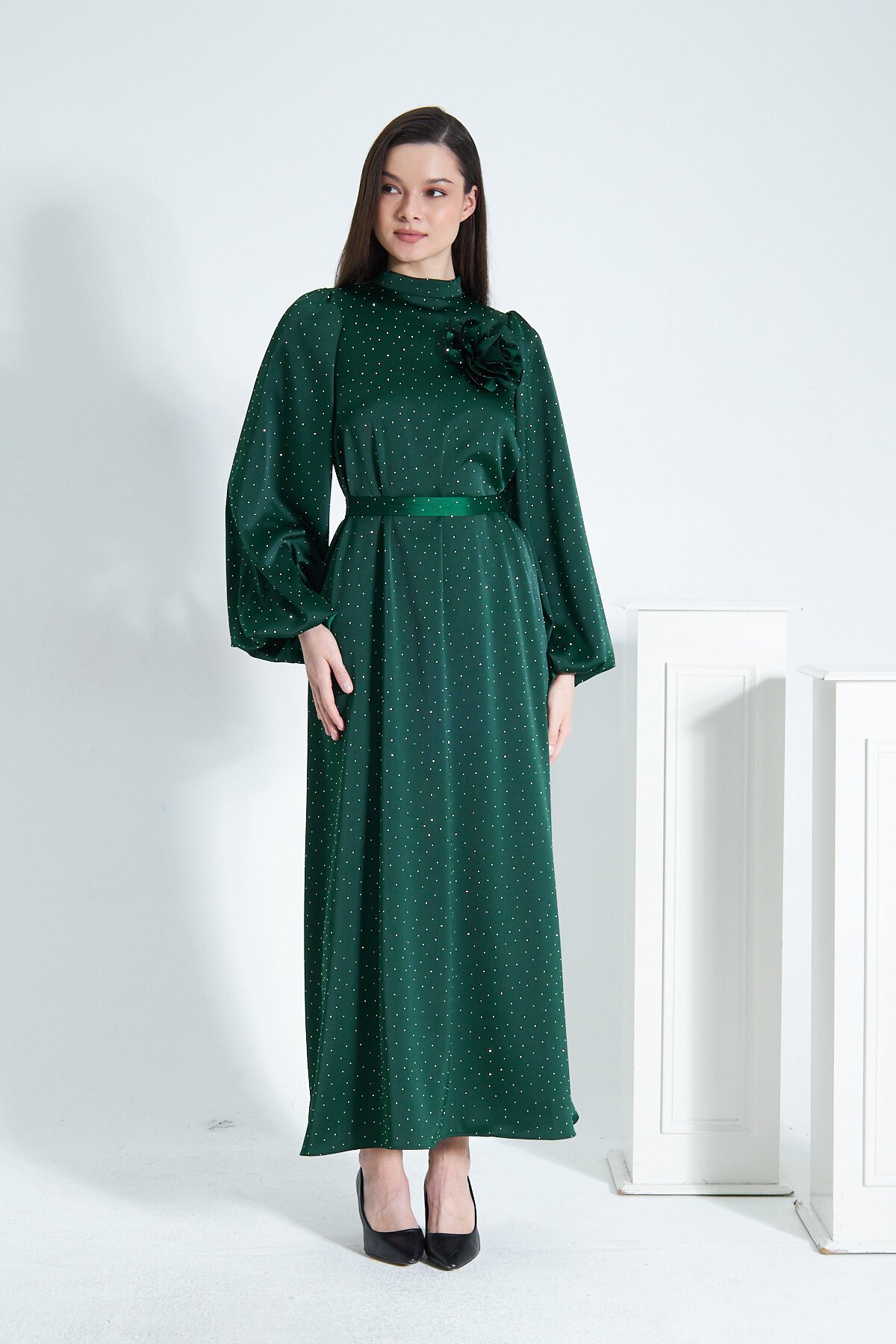 Satin Stone Evening Dress - Green - Azeem