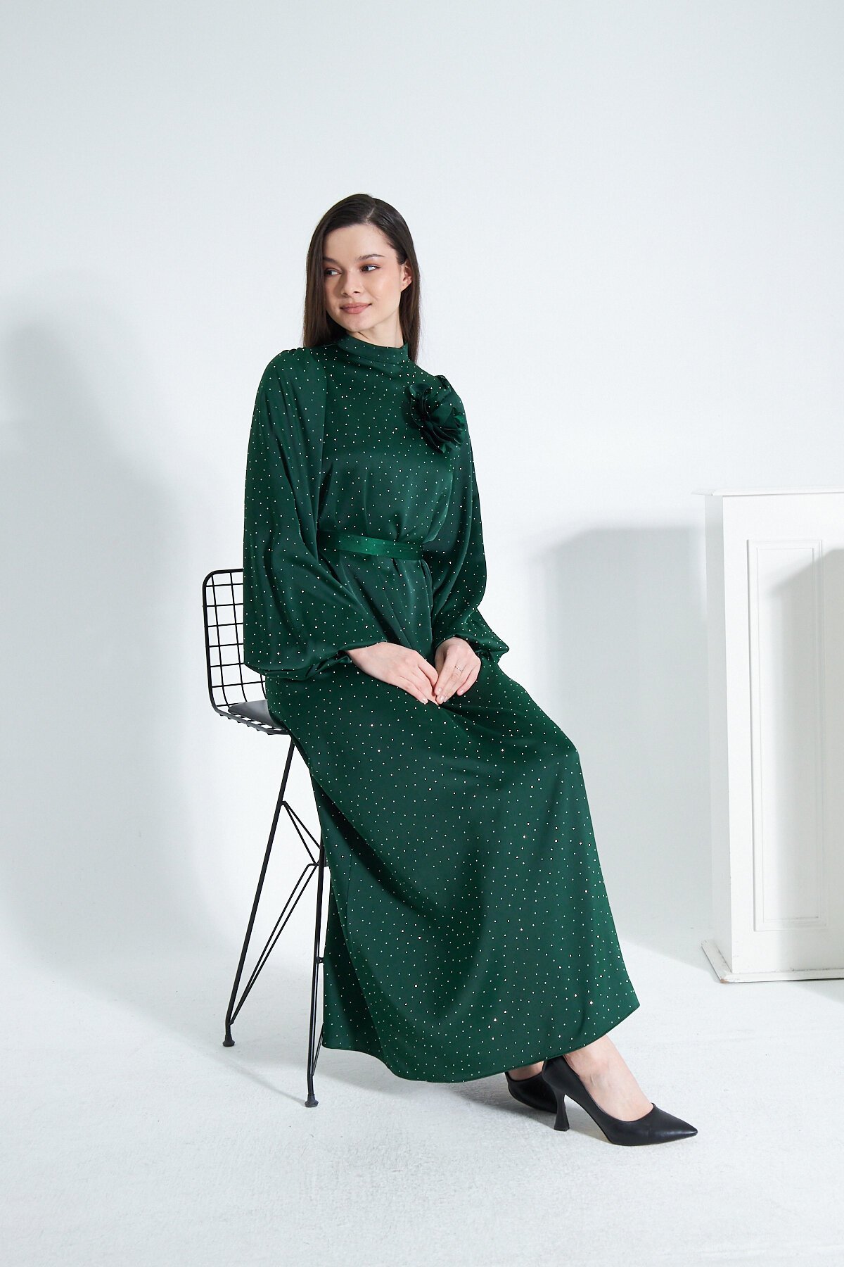 Satin Stone Evening Dress - Green - Azeem
