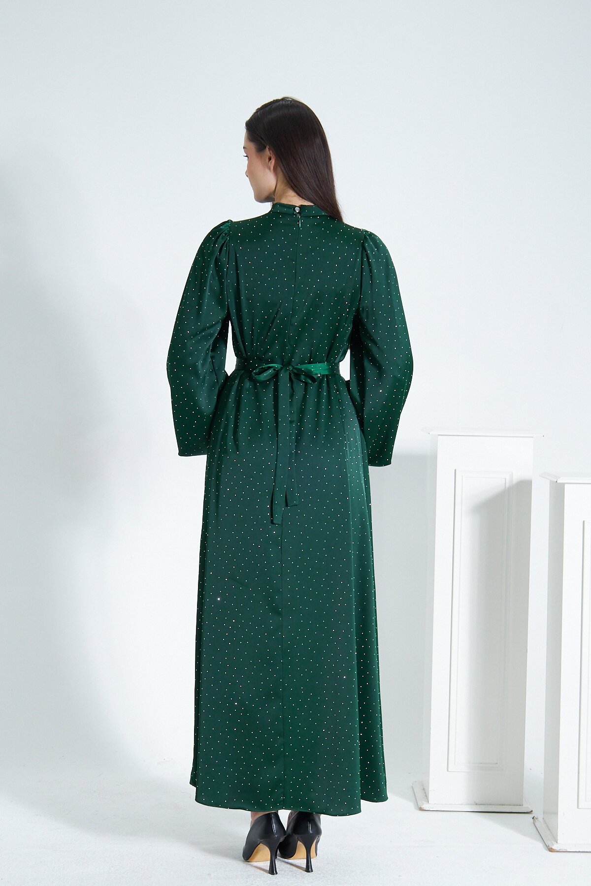 Satin Stone Evening Dress - Green - Azeem