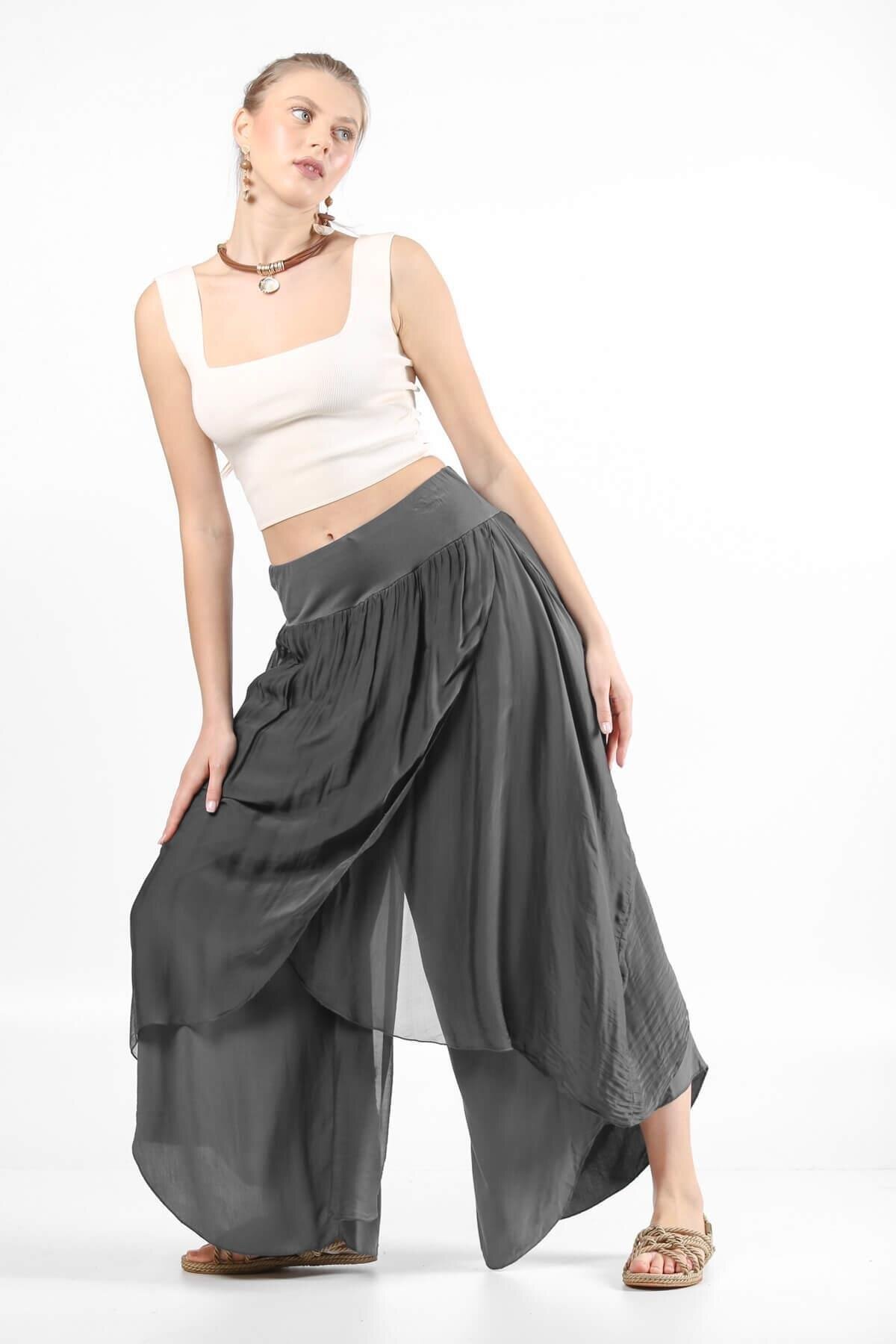 بناطيل شروال حريرية أنثراسايت بجيوب غير متماثلة - Bohem Stil