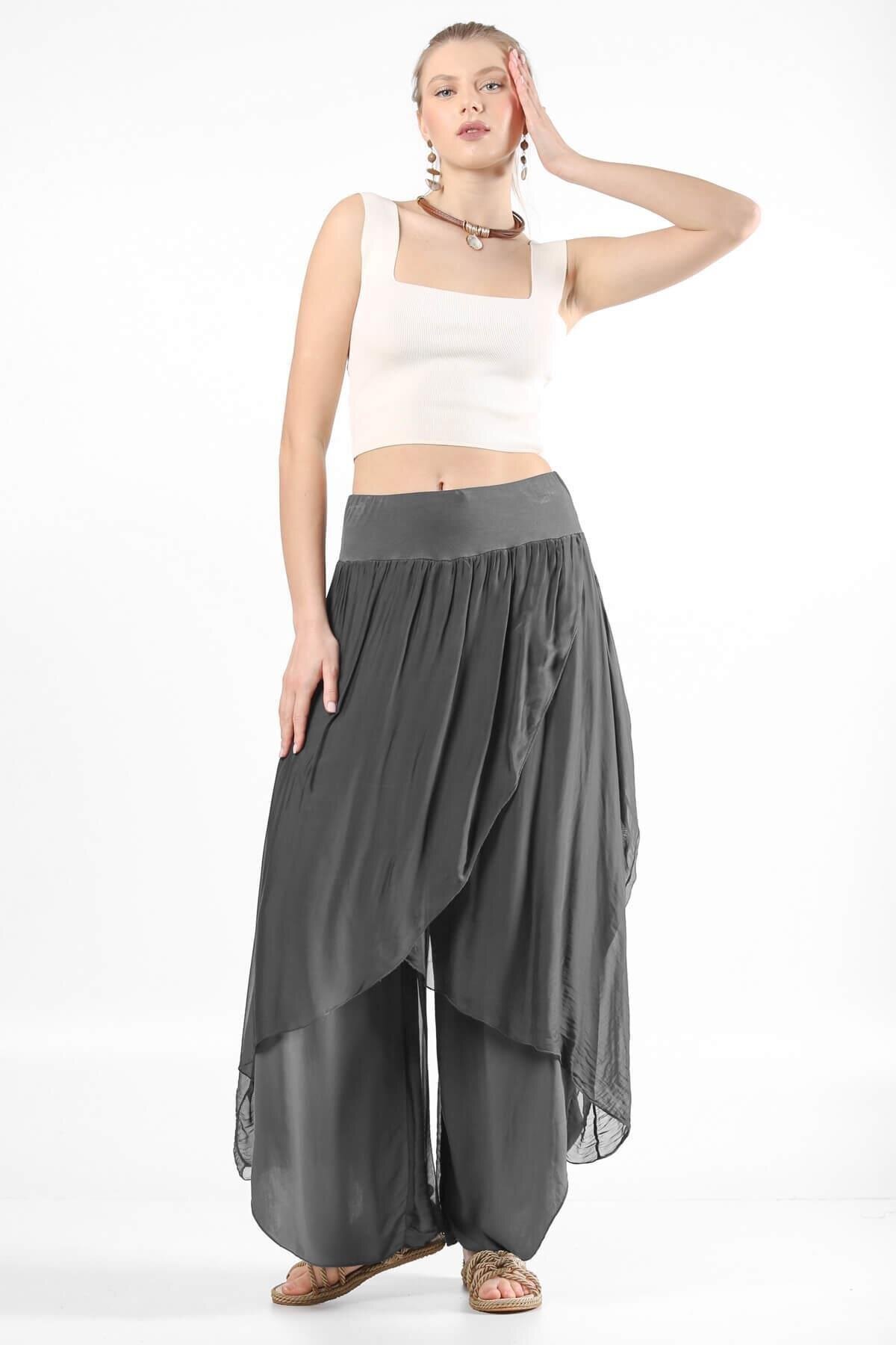 بناطيل شروال حريرية أنثراسايت بجيوب غير متماثلة - Bohem Stil