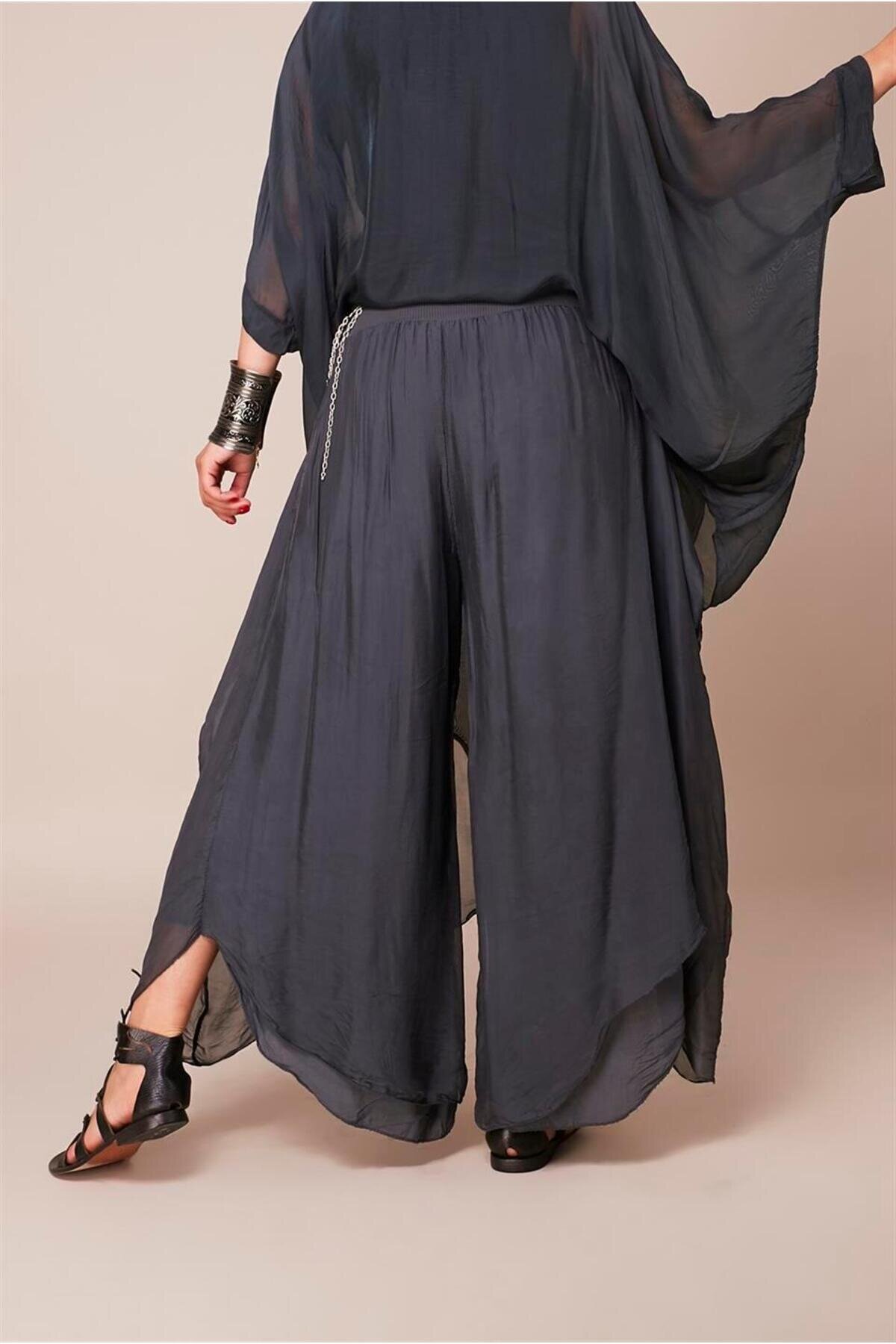 بناطيل شروال حريرية أنثراسايت بجيوب غير متماثلة - Bohem Stil