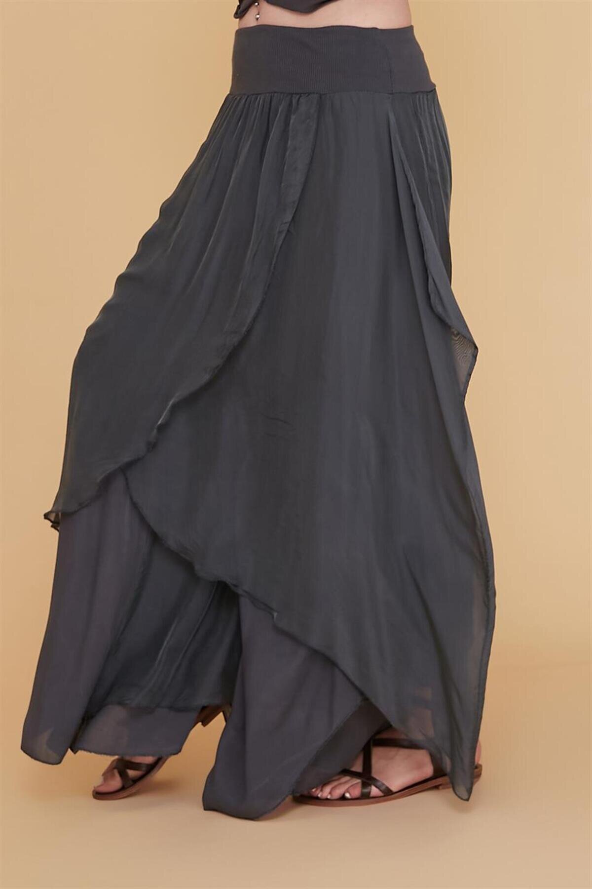 بناطيل شروال حريرية أنثراسايت بجيوب غير متماثلة - Bohem Stil